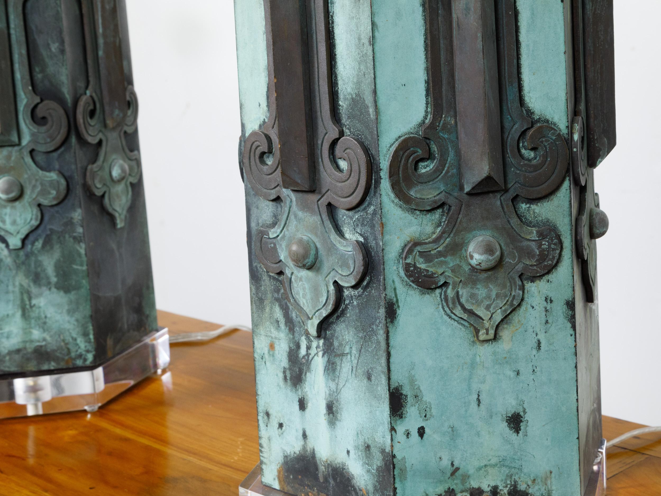 Pair of French 19th Century Copper Table Lamps with Verdigris Patina, US-Wired For Sale 3