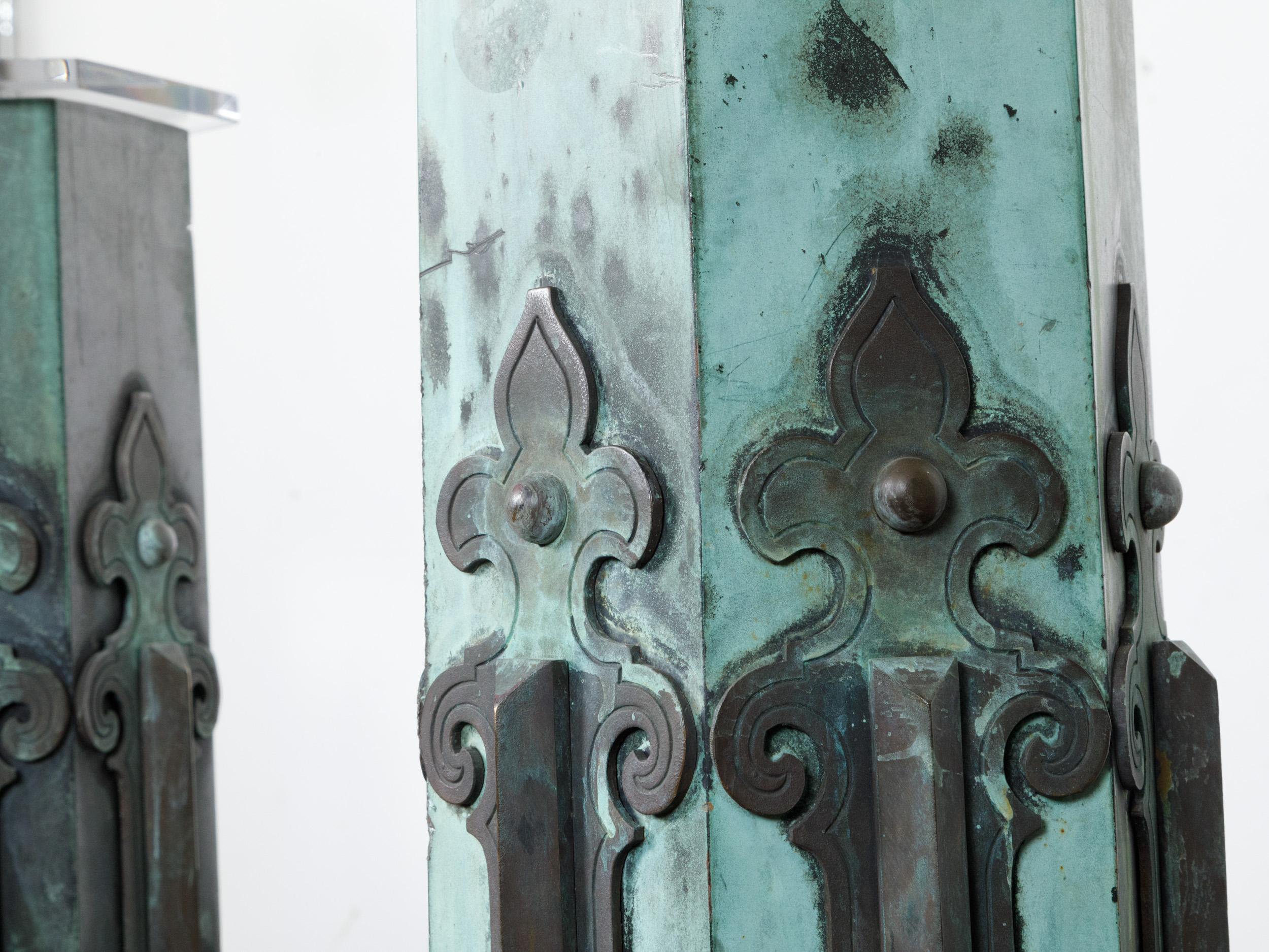 Pair of French 19th Century Copper Table Lamps with Verdigris Patina, US-Wired For Sale 4