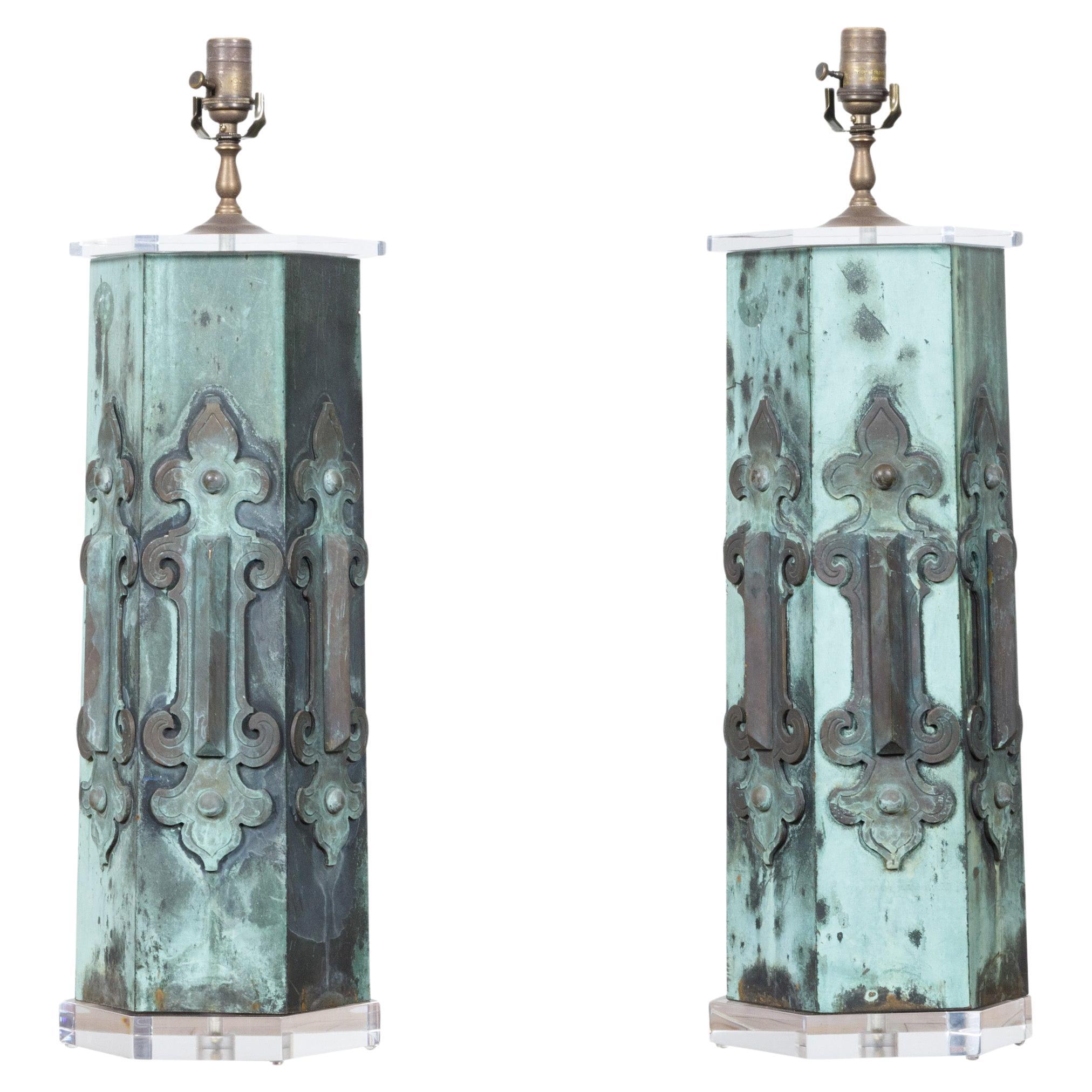Pair of French 19th Century Copper Table Lamps with Verdigris Patina, US-Wired For Sale