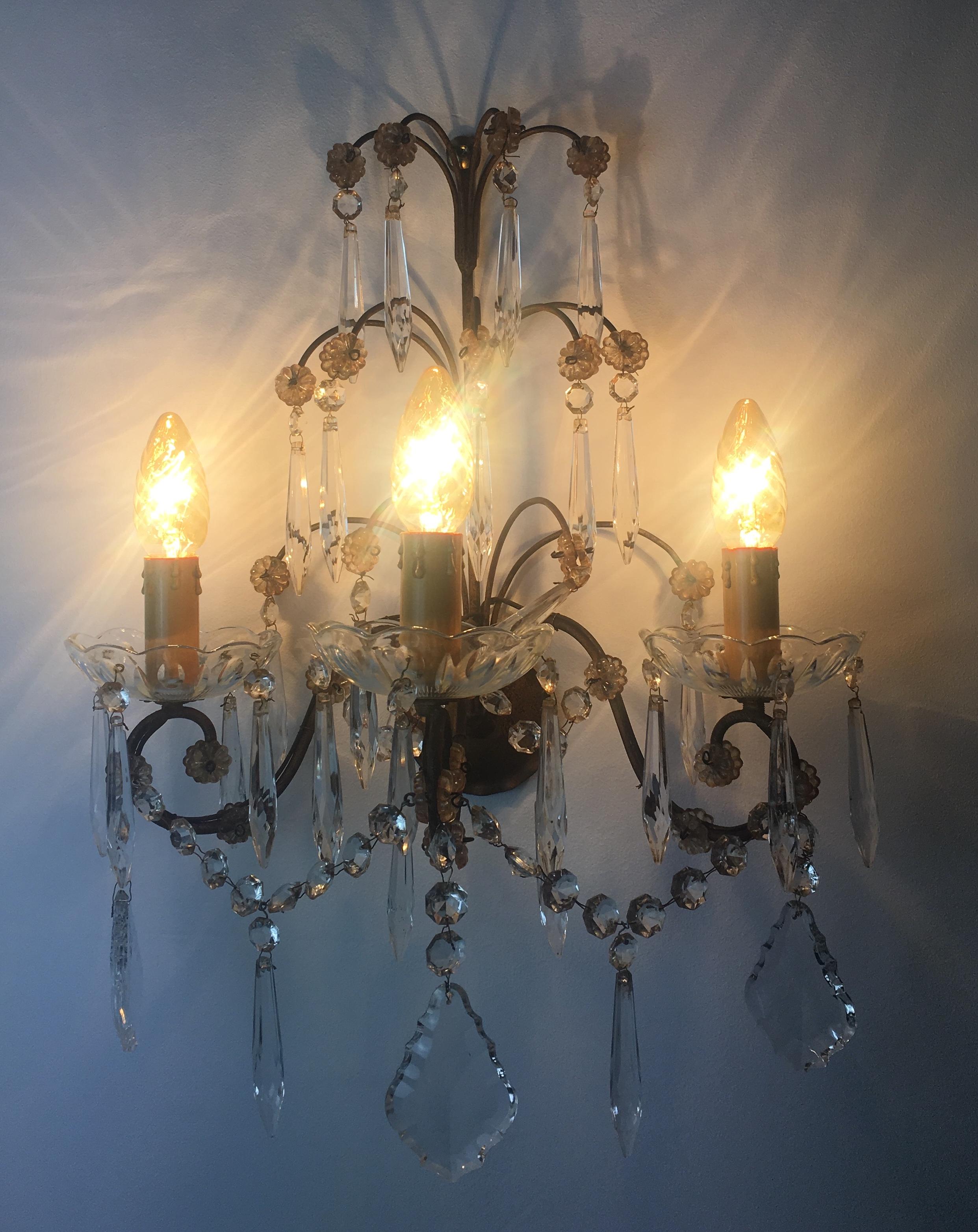 Pair of Early 19th Century French Louis XV Style Crystal and Brass Sconces For Sale 3