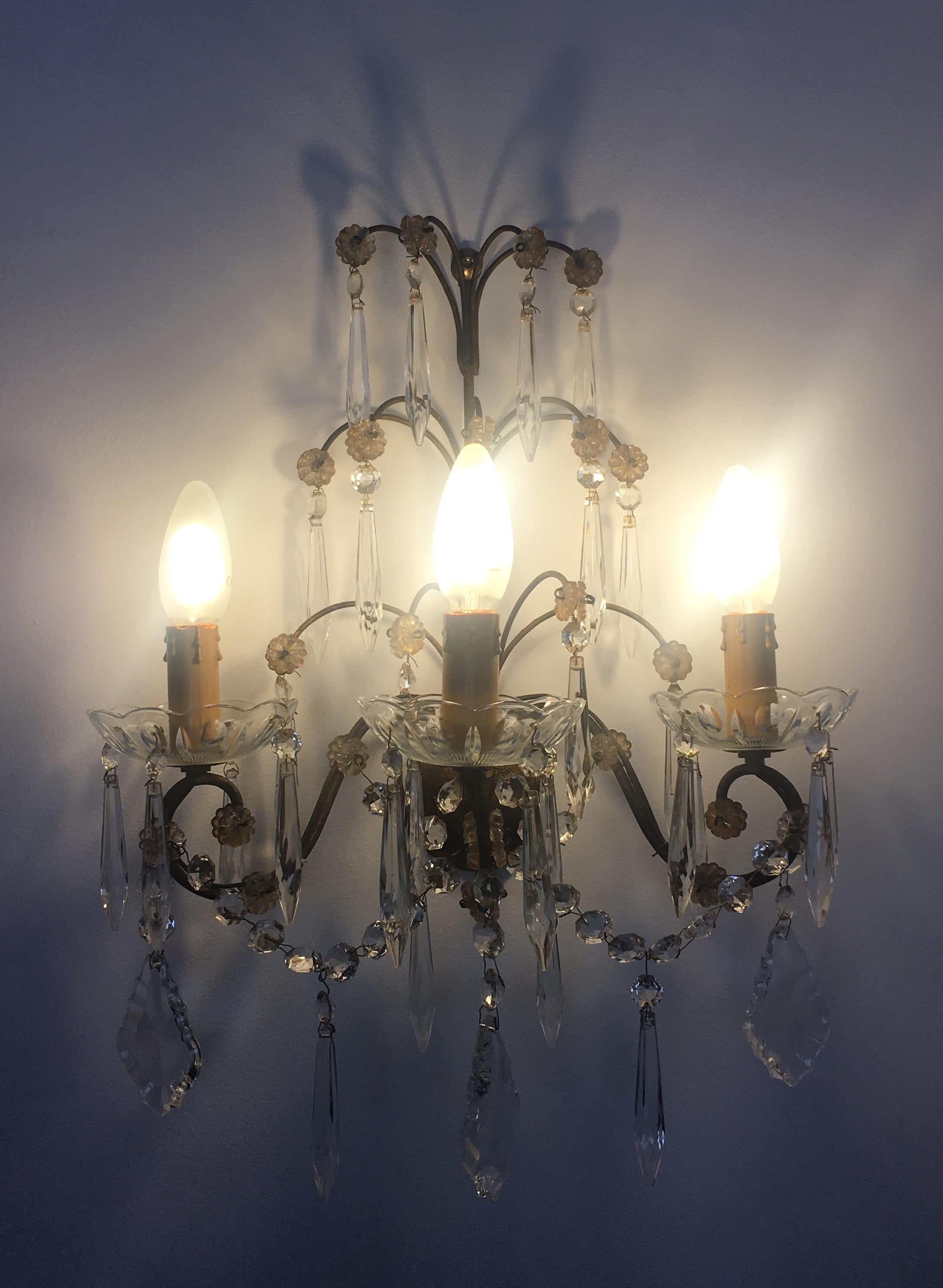 Pair of Early 19th Century French Louis XV Style Crystal and Brass Sconces For Sale 4