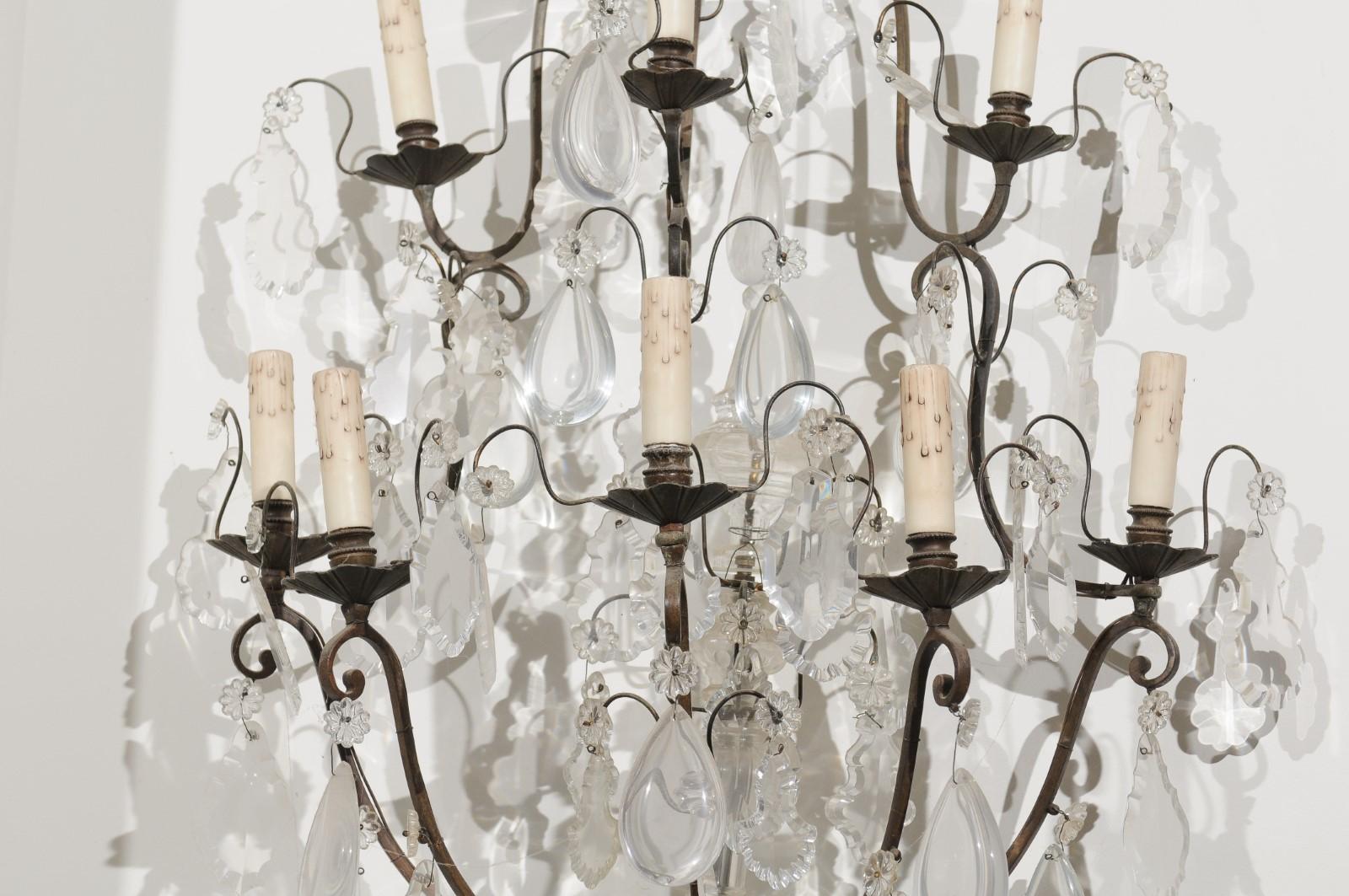 Pair of French 19th Century Crystal Eight-Light Wall Sconces with Iron Armature For Sale 7