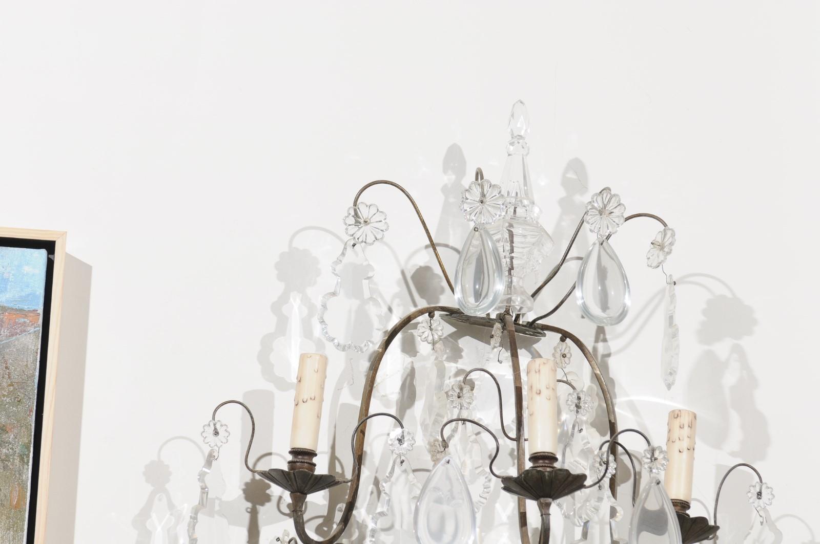 Pair of French 19th Century Crystal Eight-Light Wall Sconces with Iron Armature For Sale 1