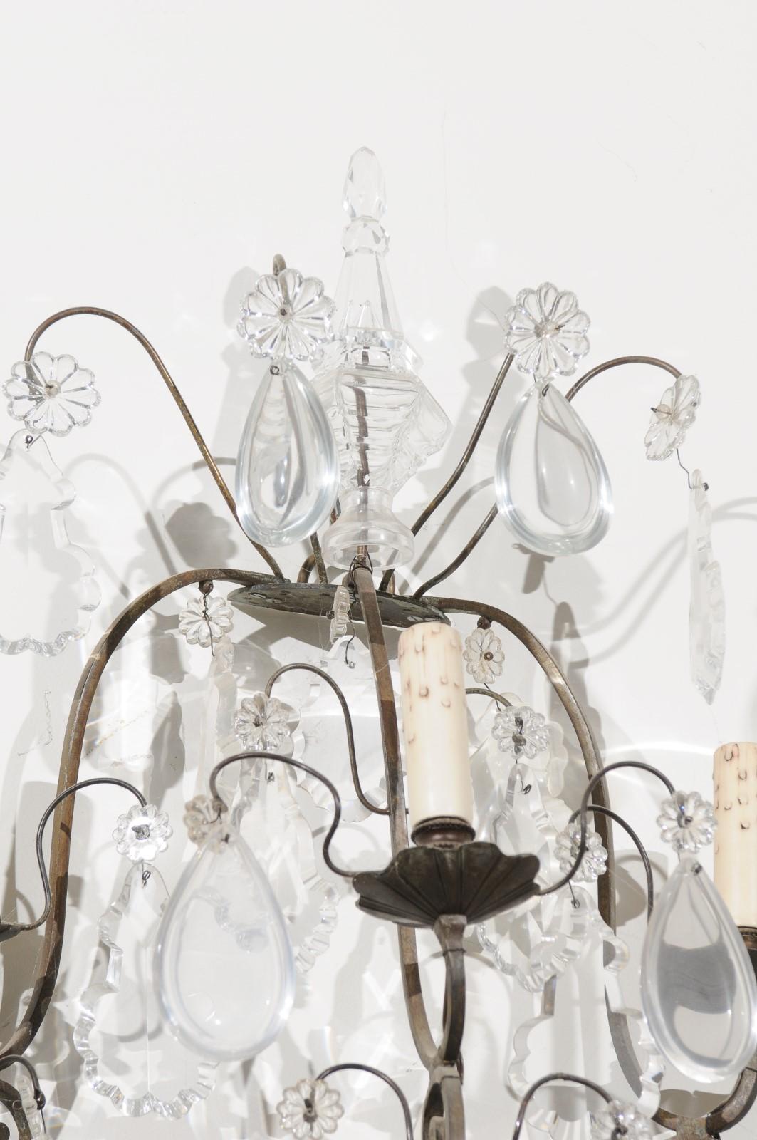 Pair of French 19th Century Crystal Eight-Light Wall Sconces with Iron Armature For Sale 2
