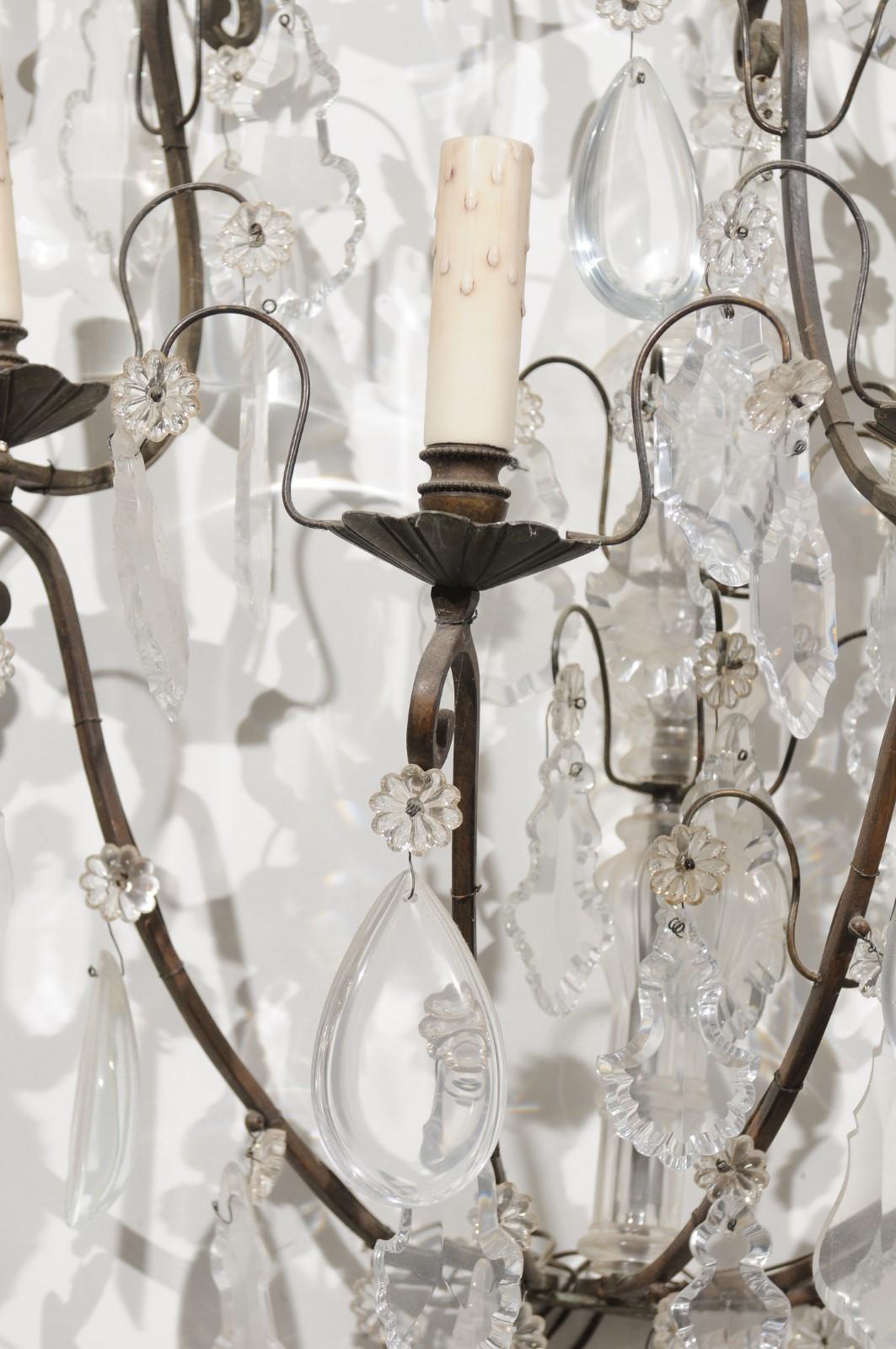 Pair of French 19th Century Crystal Eight-Light Wall Sconces with Iron Armature For Sale 3