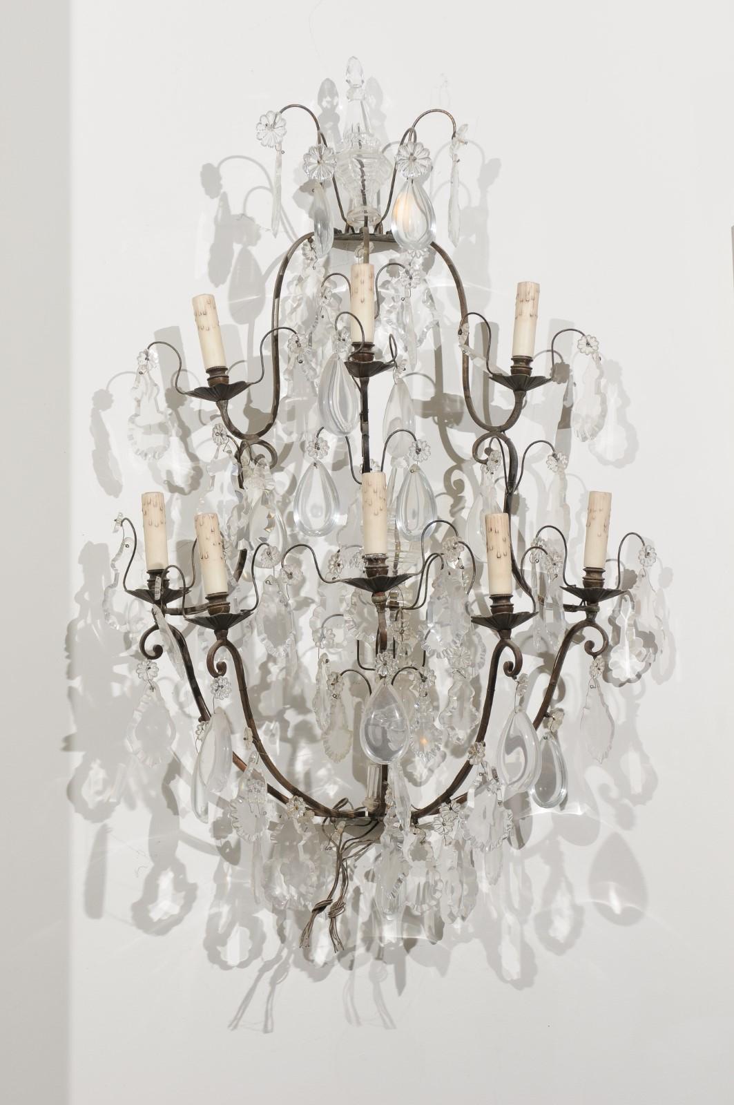 Pair of French 19th Century Crystal Eight-Light Wall Sconces with Iron Armature For Sale 5