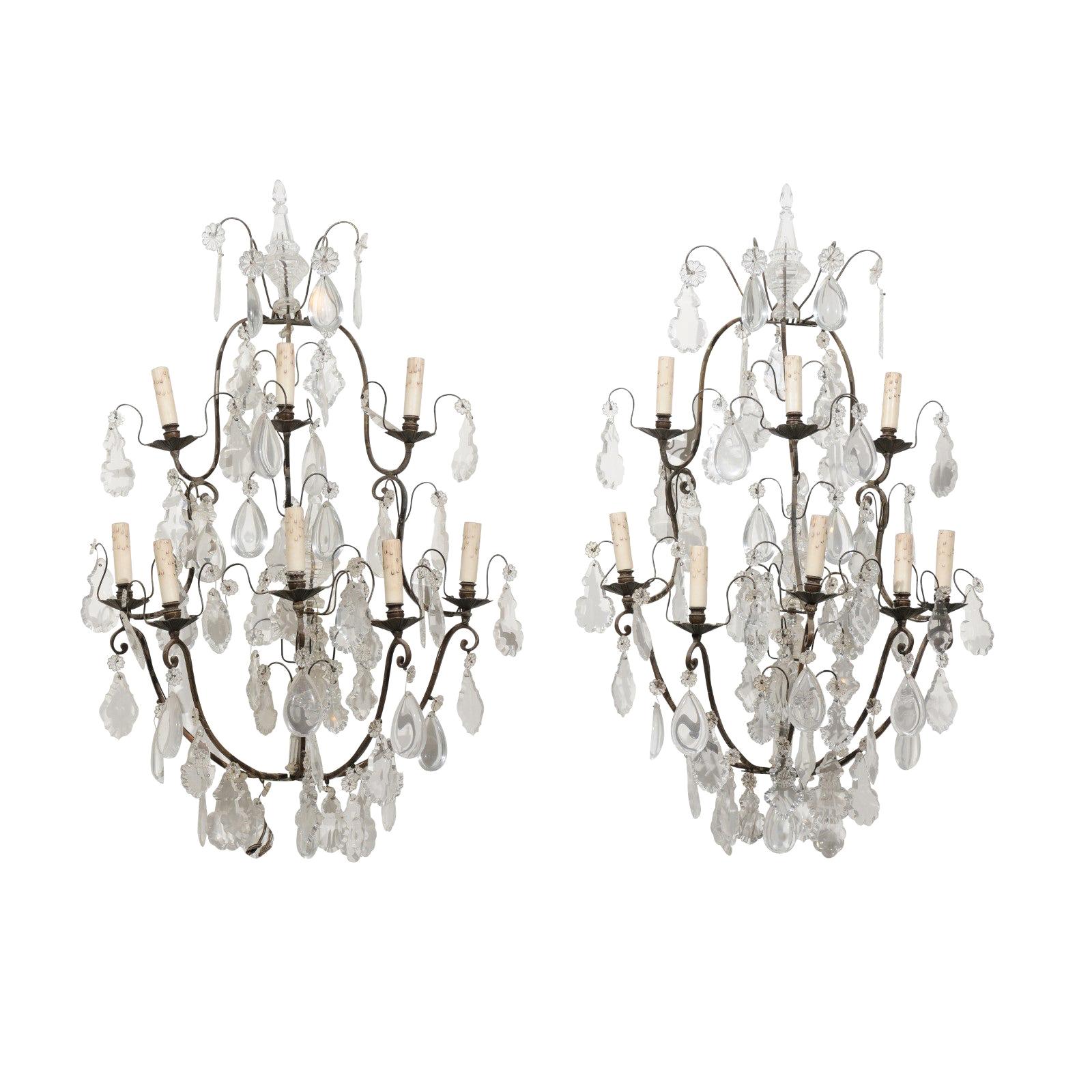Pair of French 19th Century Crystal Eight-Light Wall Sconces with Iron Armature