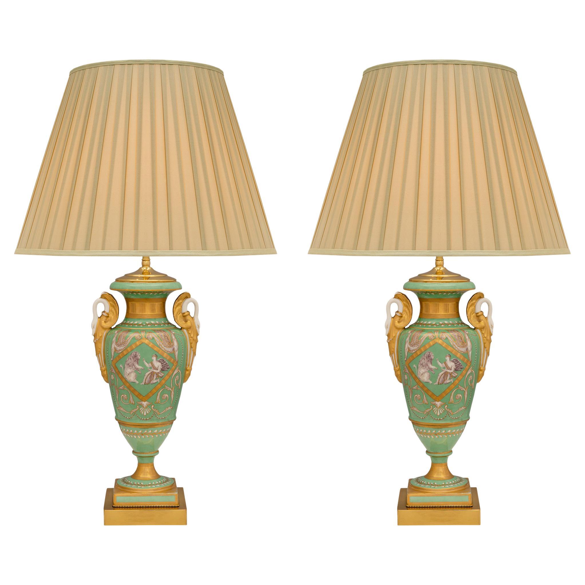 Pair of French 19th Century Directoire St. Limoges Porcelain and Ormolu Lamps For Sale