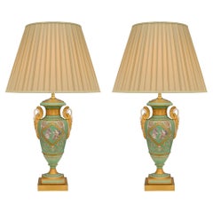 Pair of French 19th Century Directoire St. Limoges Porcelain and Ormolu Lamps