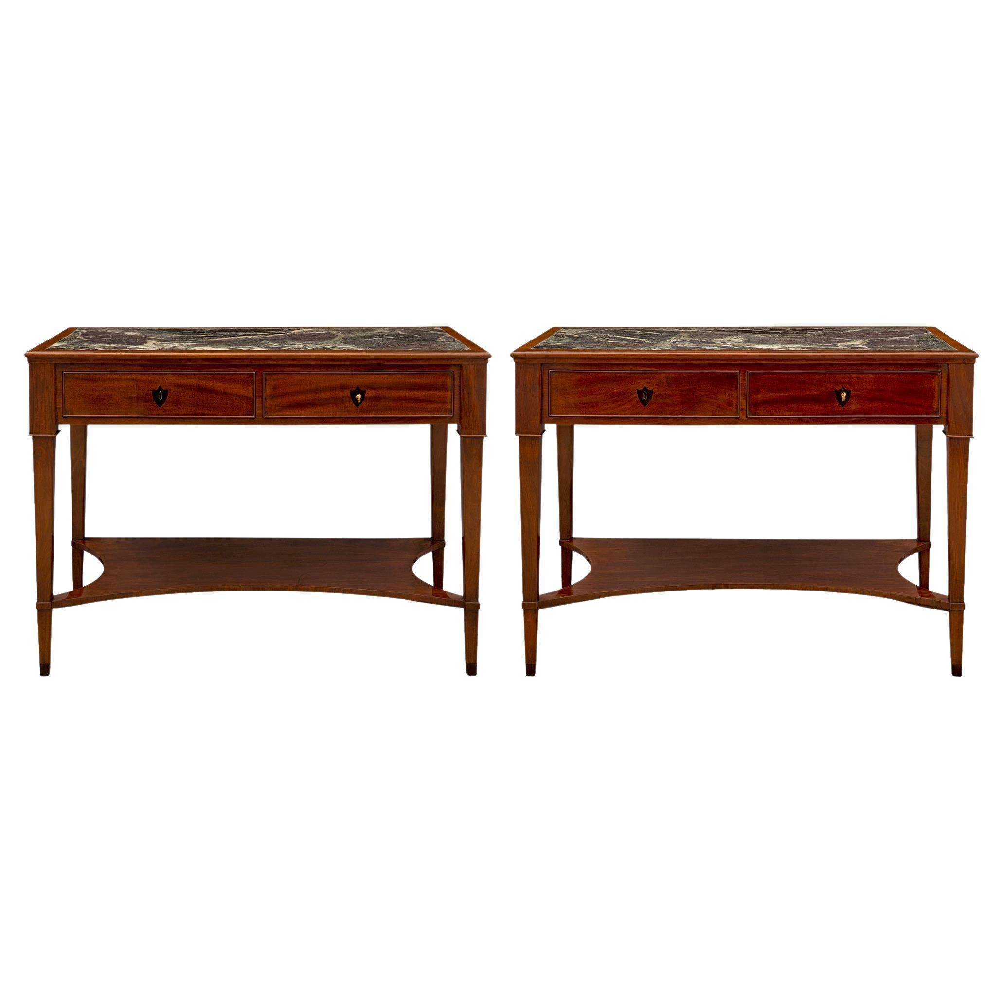 Pair of French 19th Century Directoire St. Mahogany and Marble Consoles For Sale