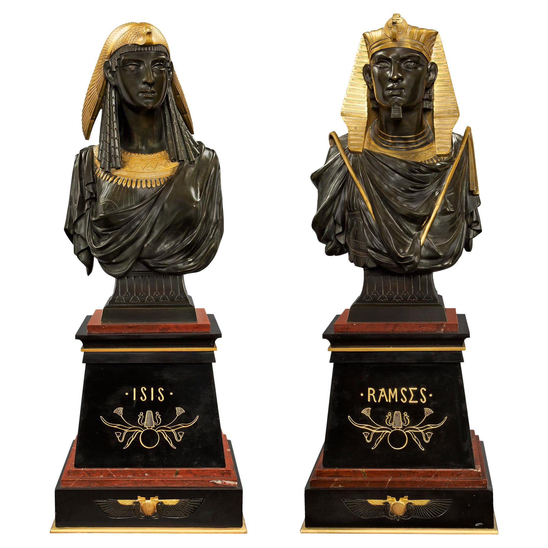 Paire de bustes de Ramsès et d'Isis de style néo-égyptien du 19ème siècle français