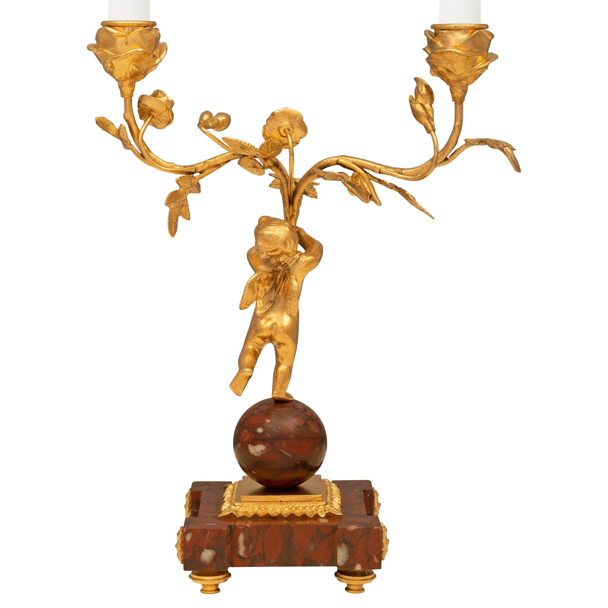 Pair of French 19th Century Elle Époque Period Ormolu and Marble Candelabras For Sale 1