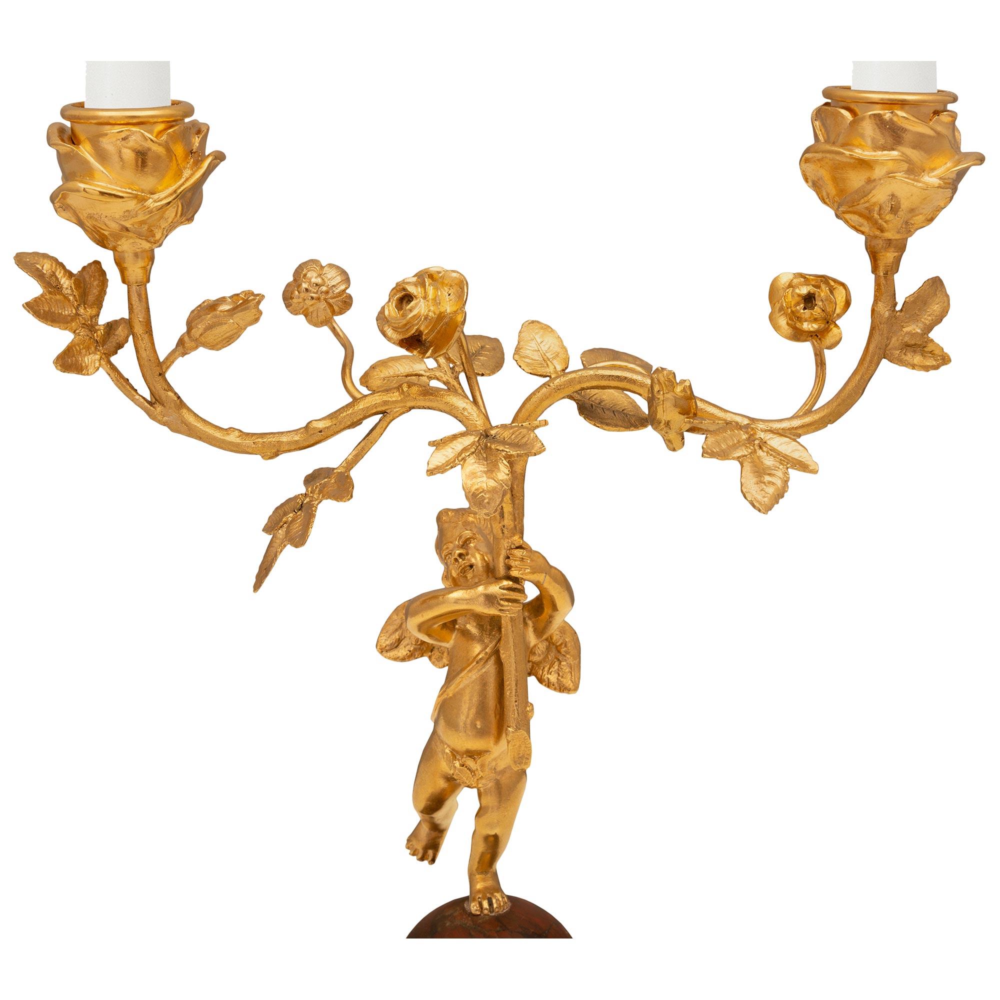 Pair of French 19th Century Elle Époque Period Ormolu and Marble Candelabras For Sale 2