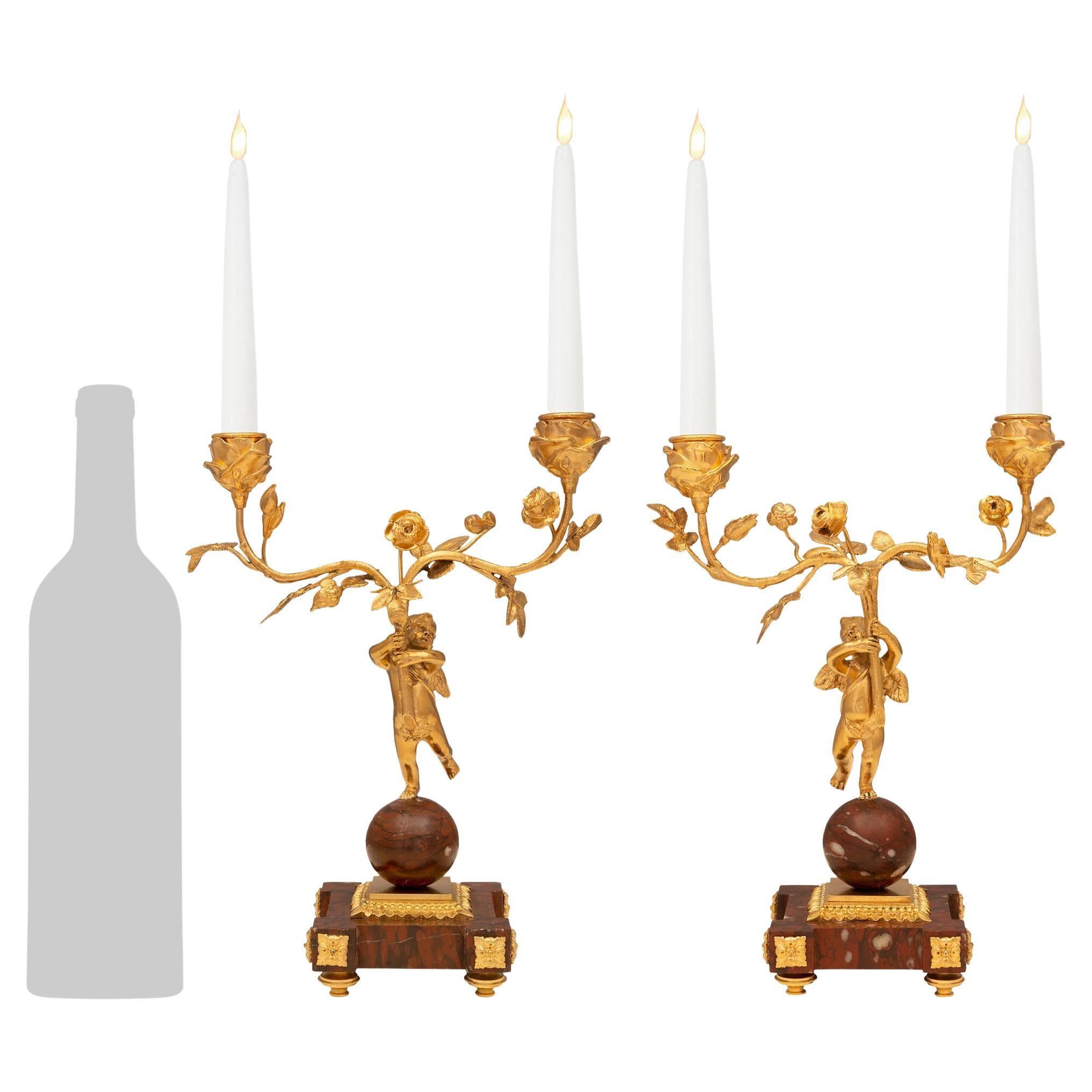 Pair of French 19th Century Elle Époque Period Ormolu and Marble Candelabras