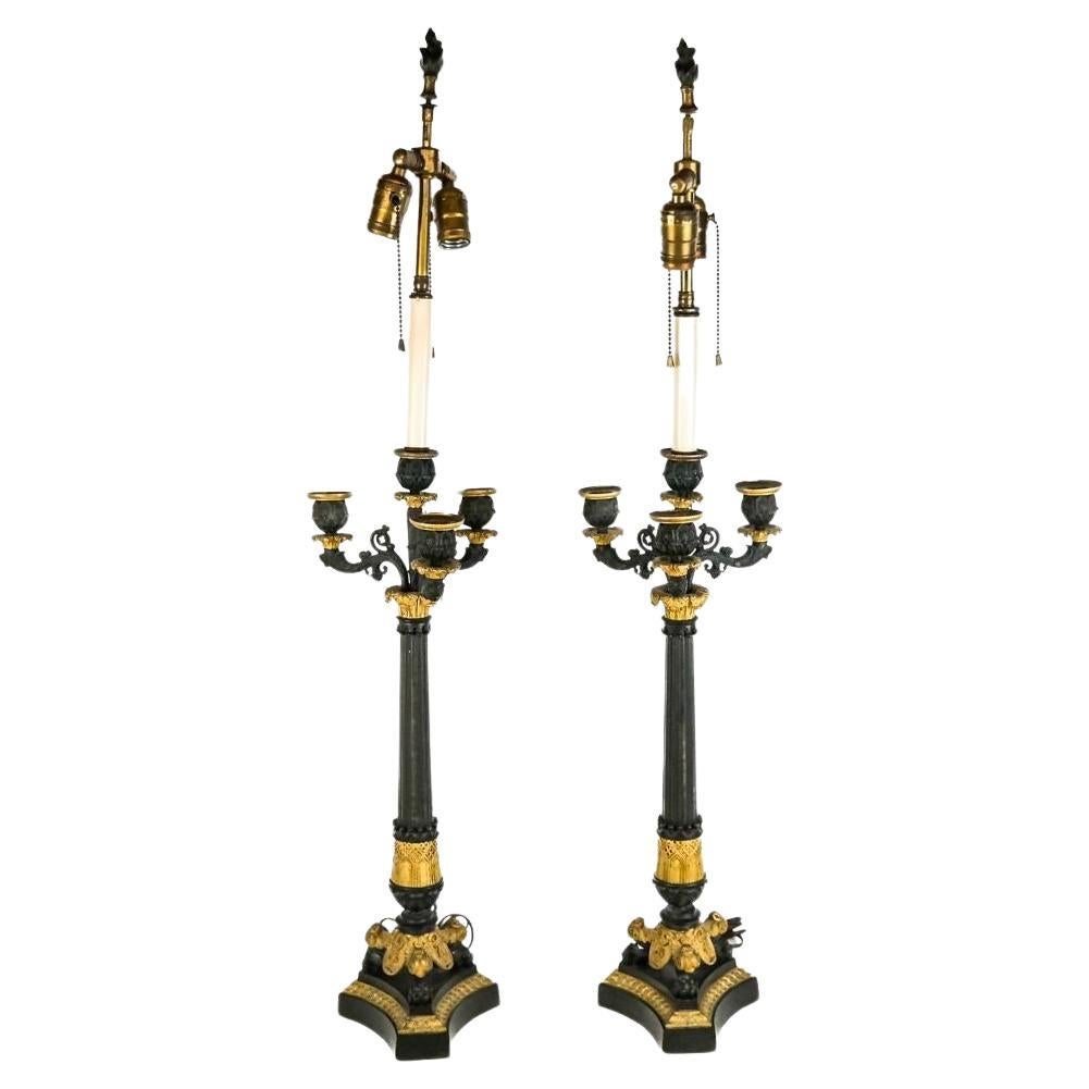 Paire de candélabres Empire français du XIXe siècle transformés en lampes
