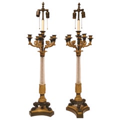 Coppia di candelabri in vetro tagliato e bronzo Impero del XIX secolo