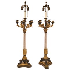 Antique Pair of French 19th Century Empire Cut Glass and Bronze Candelabras / Lamps