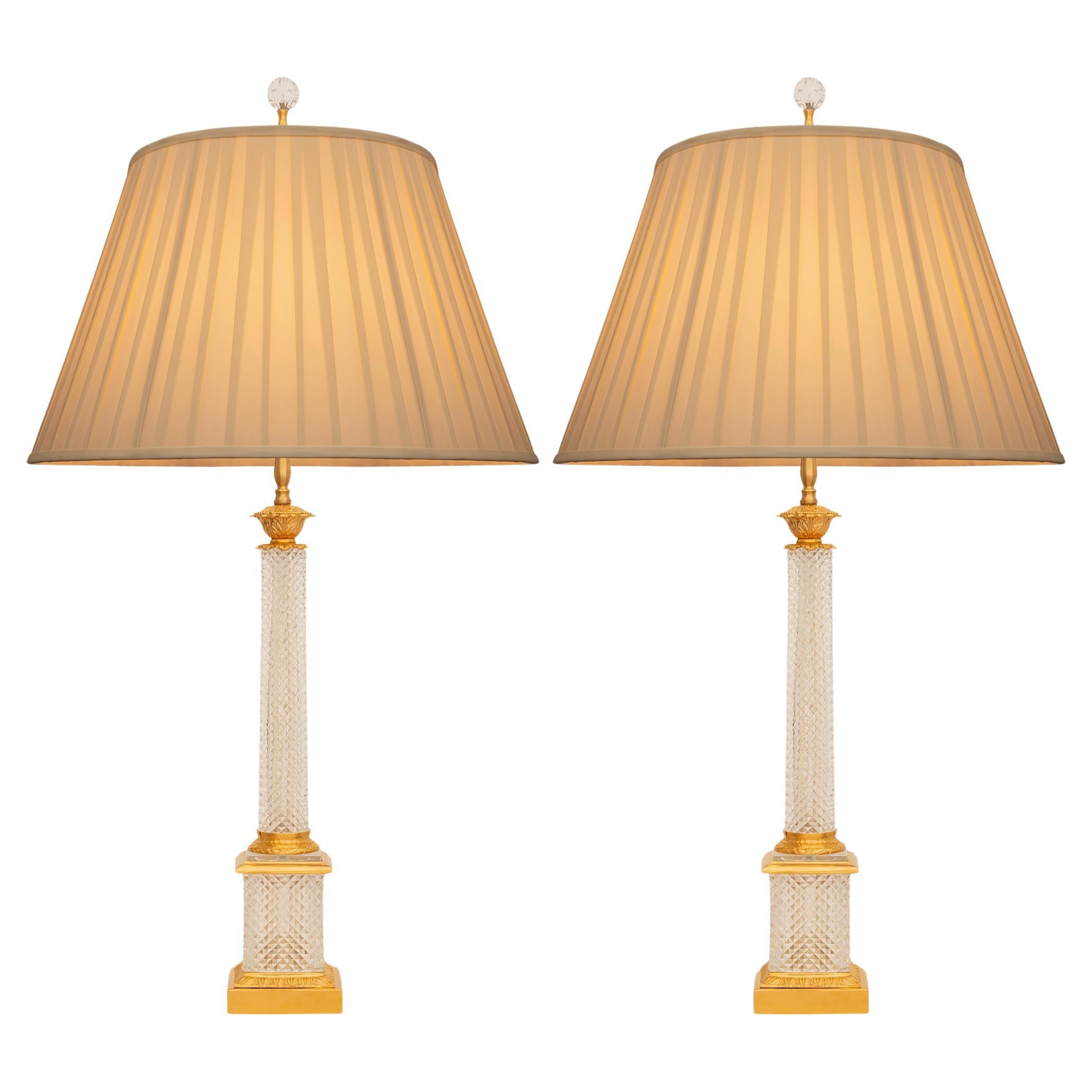 pair of French 19th century Empire st. Glass and Ormolu lamps For Sale