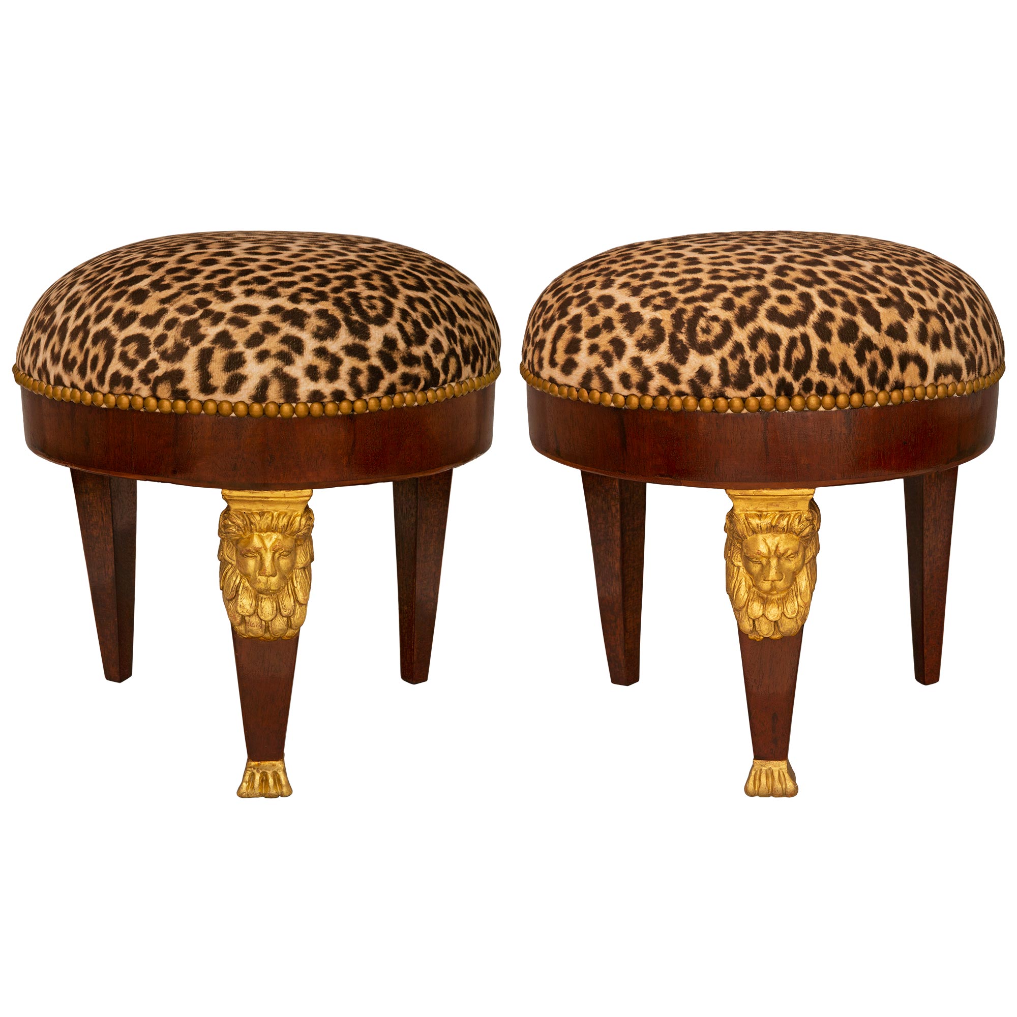 Pair of French 19th Century Empire St. Mahogany and Giltwood Stools For Sale
