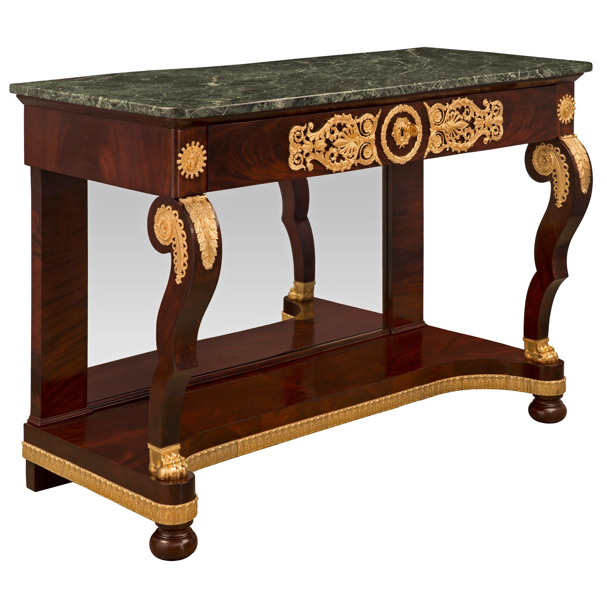 Pair of French 19th Century Empire St. Mahogany, Ormolu and Marble Consoles In Good Condition For Sale In West Palm Beach, FL