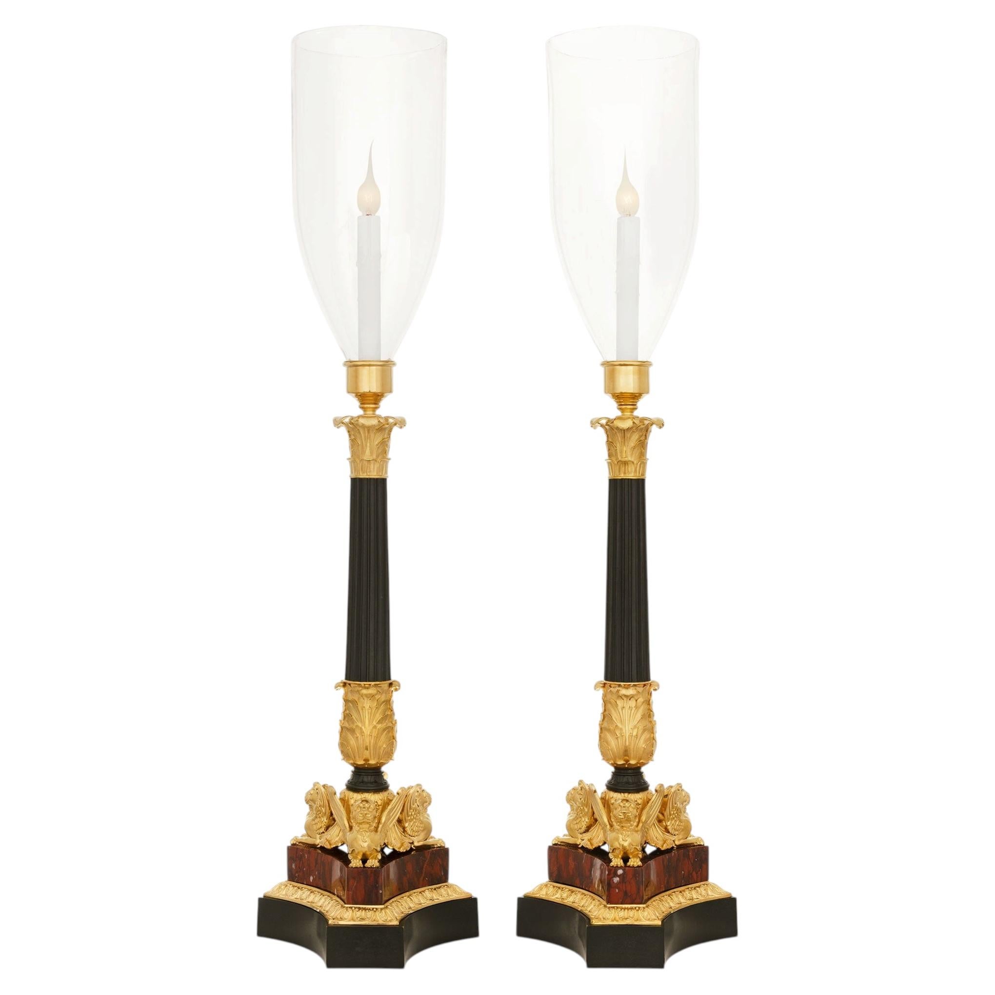 pair of French 19th century Empire st. Marble, Ormolu and patinated Bronze hurr For Sale