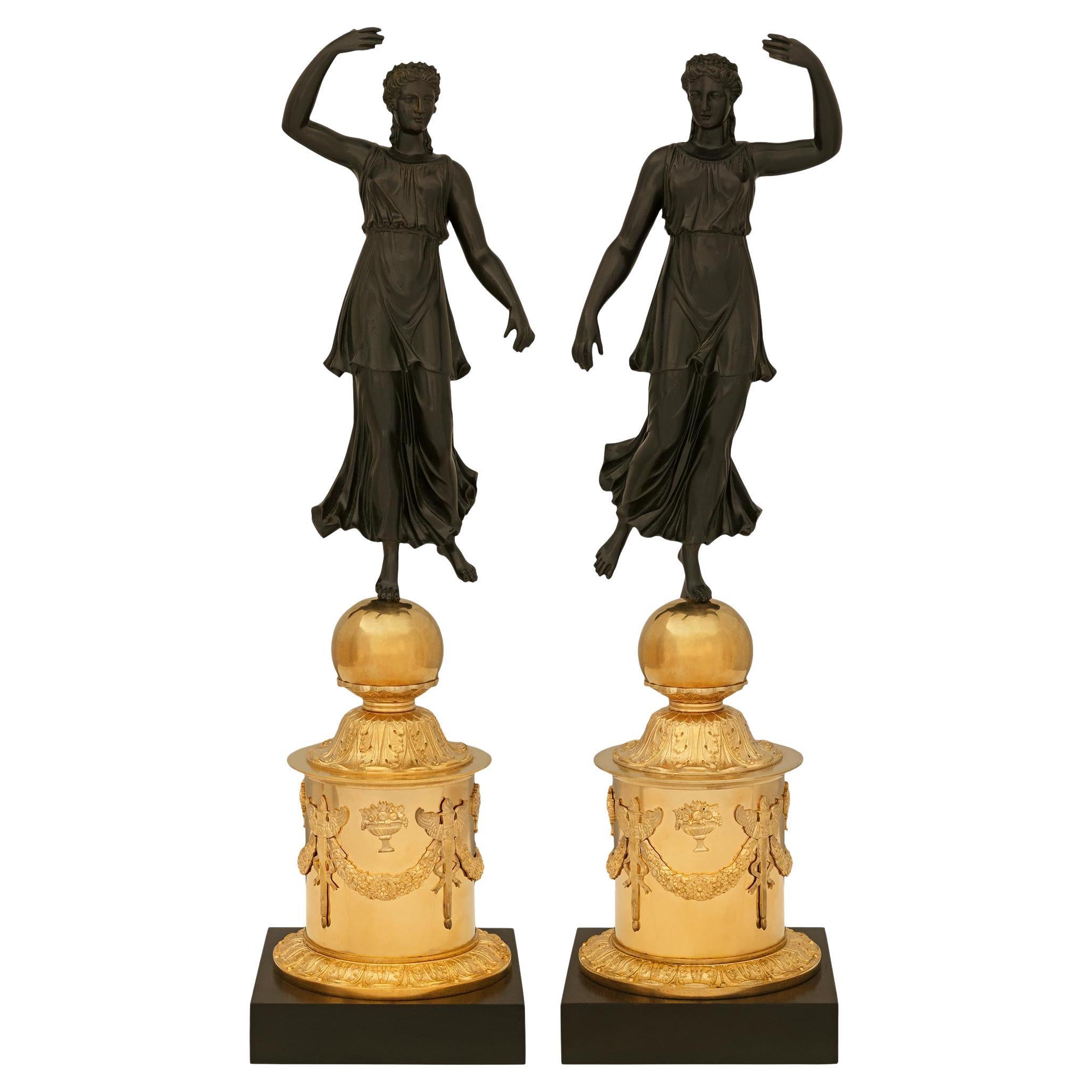 pair of French 19th century Empire st. Ormolu and patinated Bronze statues For Sale