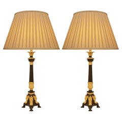 pair of French 19th century Empire st. patinated Bronze and Ormolu lamps