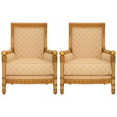 Antique Pair Of French 19th Century Empire St. Patinated Wood And Giltwood Armchairs