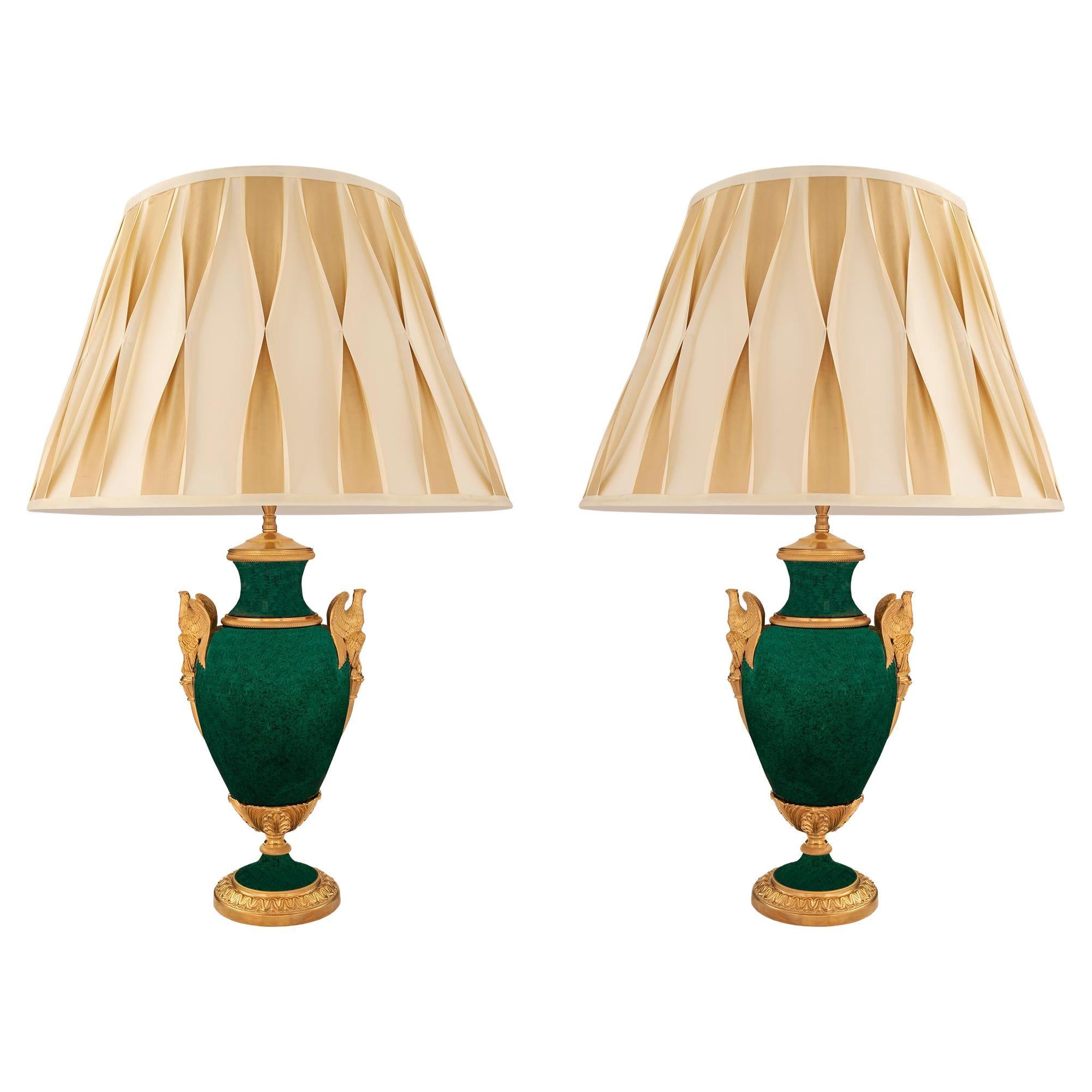 Pair of French 19th Century Empire Style Porcelain and Ormolu Lamps For Sale