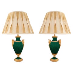 Pair of French 19th Century Empire Style Porcelain and Ormolu Lamps