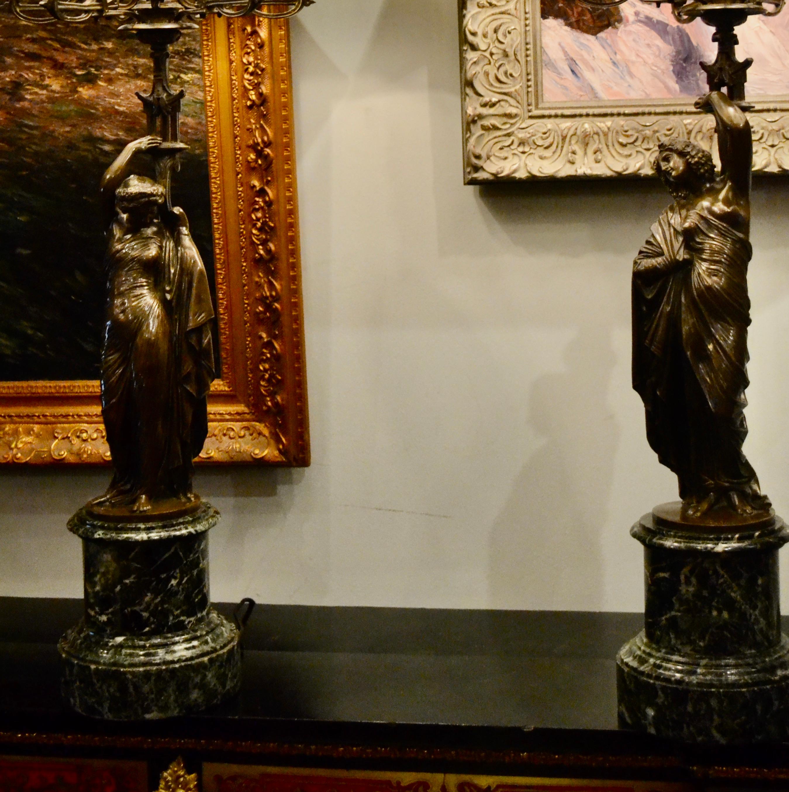 Pair of French 19th Century Figurative Patinated Bronze Candelabra Lamps For Sale 16