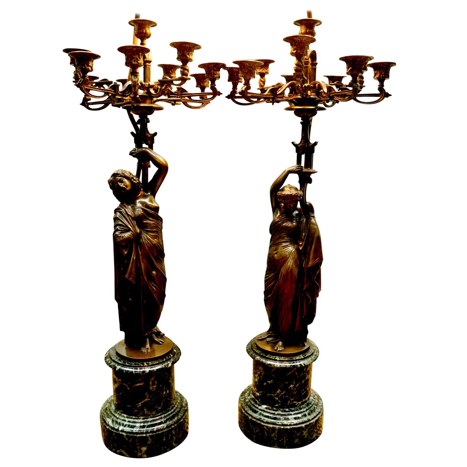 Pair of French 19th Century Figurative Patinated Bronze Candelabra Lamps In Good Condition For Sale In Vancouver, British Columbia