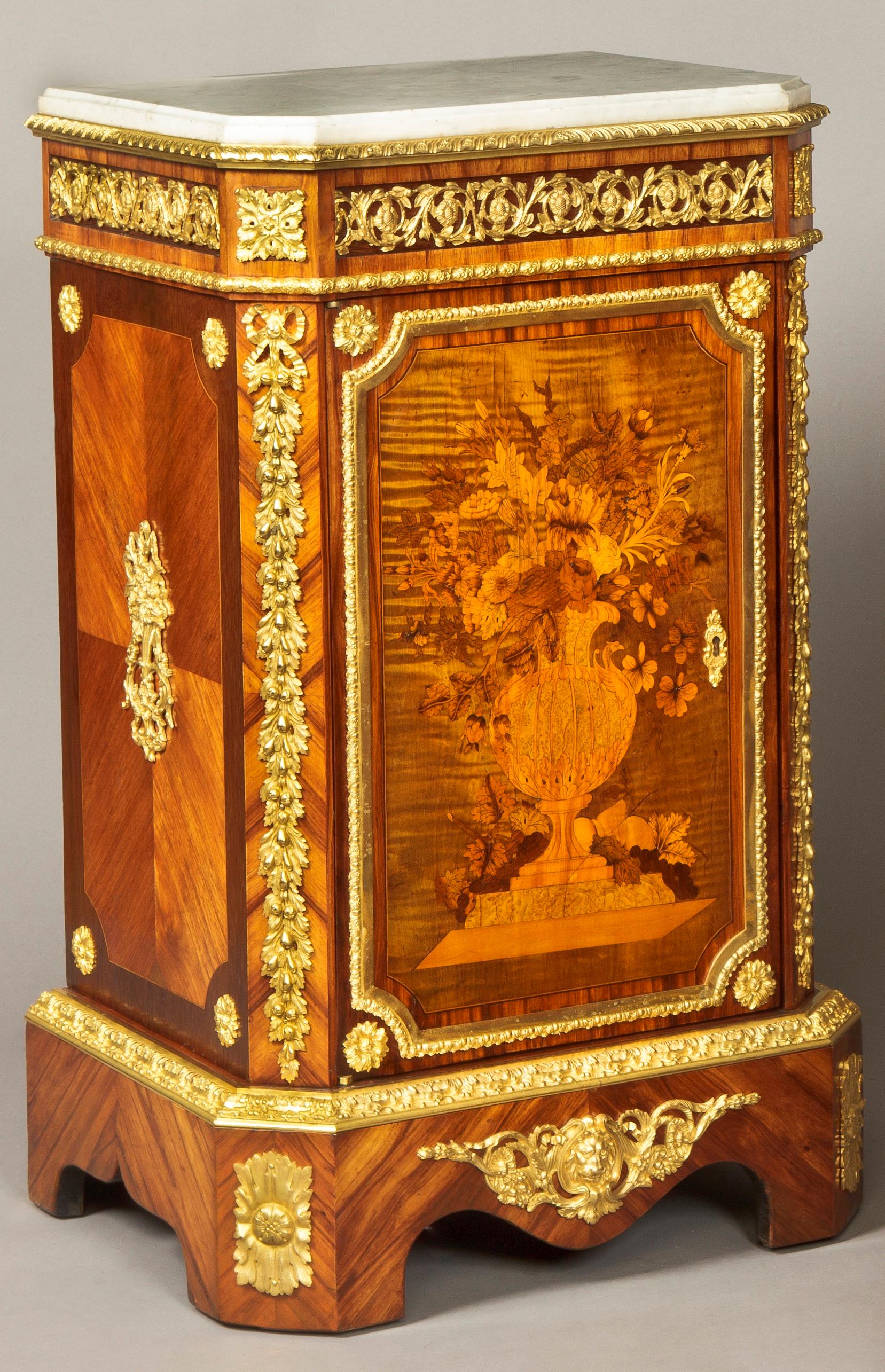 Louis XVI Pair of French 19th Century Floral Marquetry Side Cabinets with Marble Tops For Sale