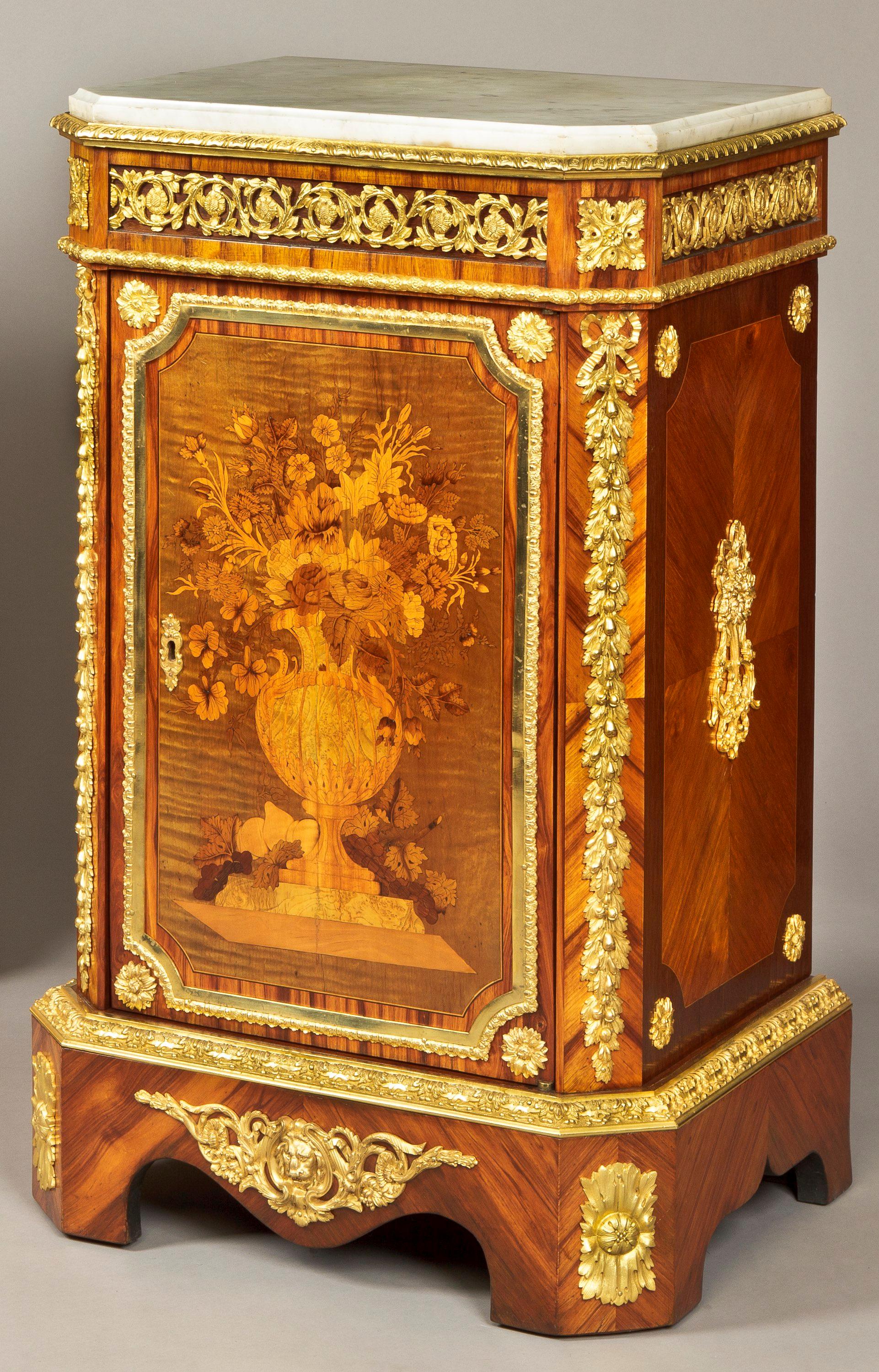 Pair of French 19th Century Floral Marquetry Side Cabinets with Marble Tops In Good Condition For Sale In London, GB