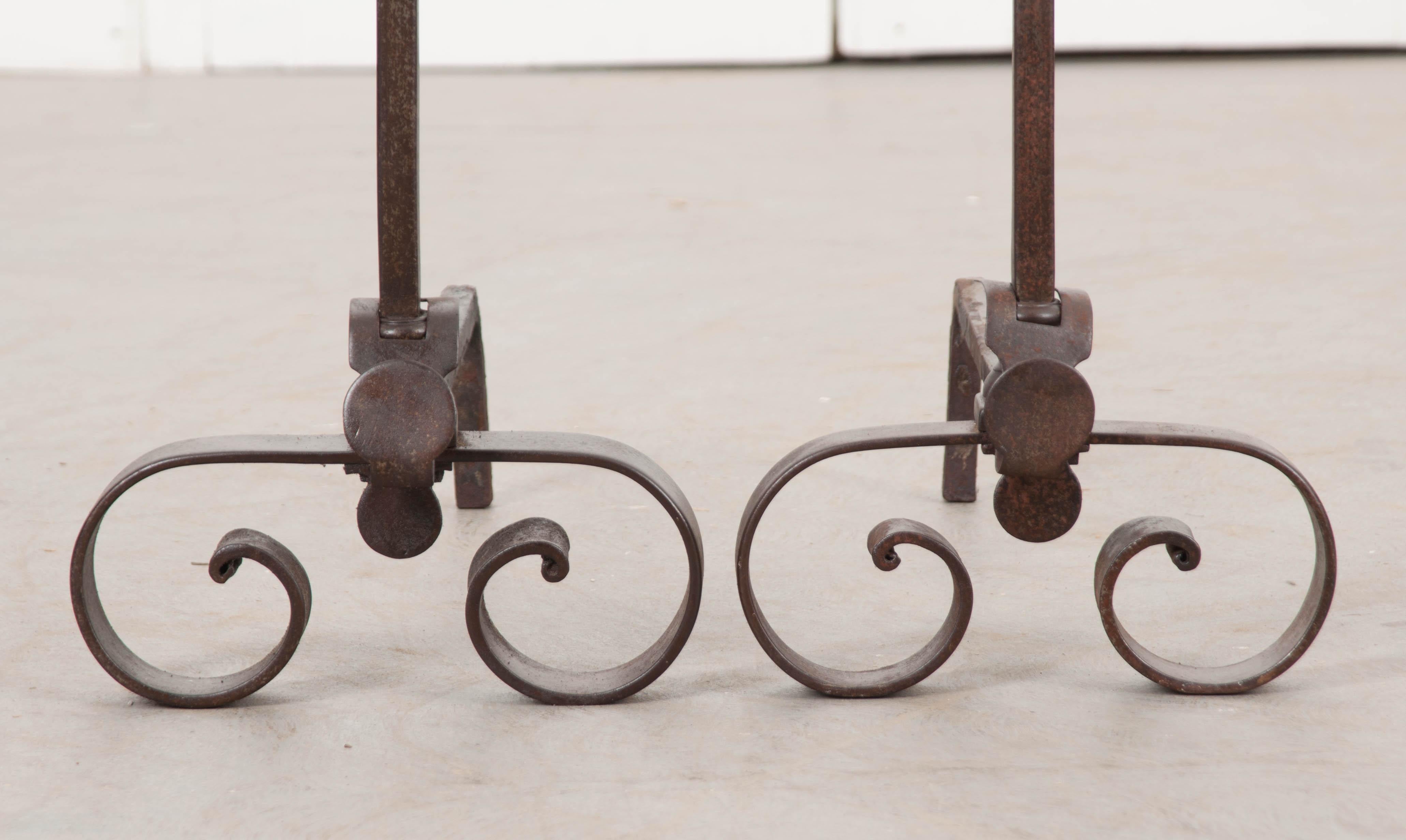 Pair of French 19th Century Forged-Iron Andirons In Good Condition In Baton Rouge, LA