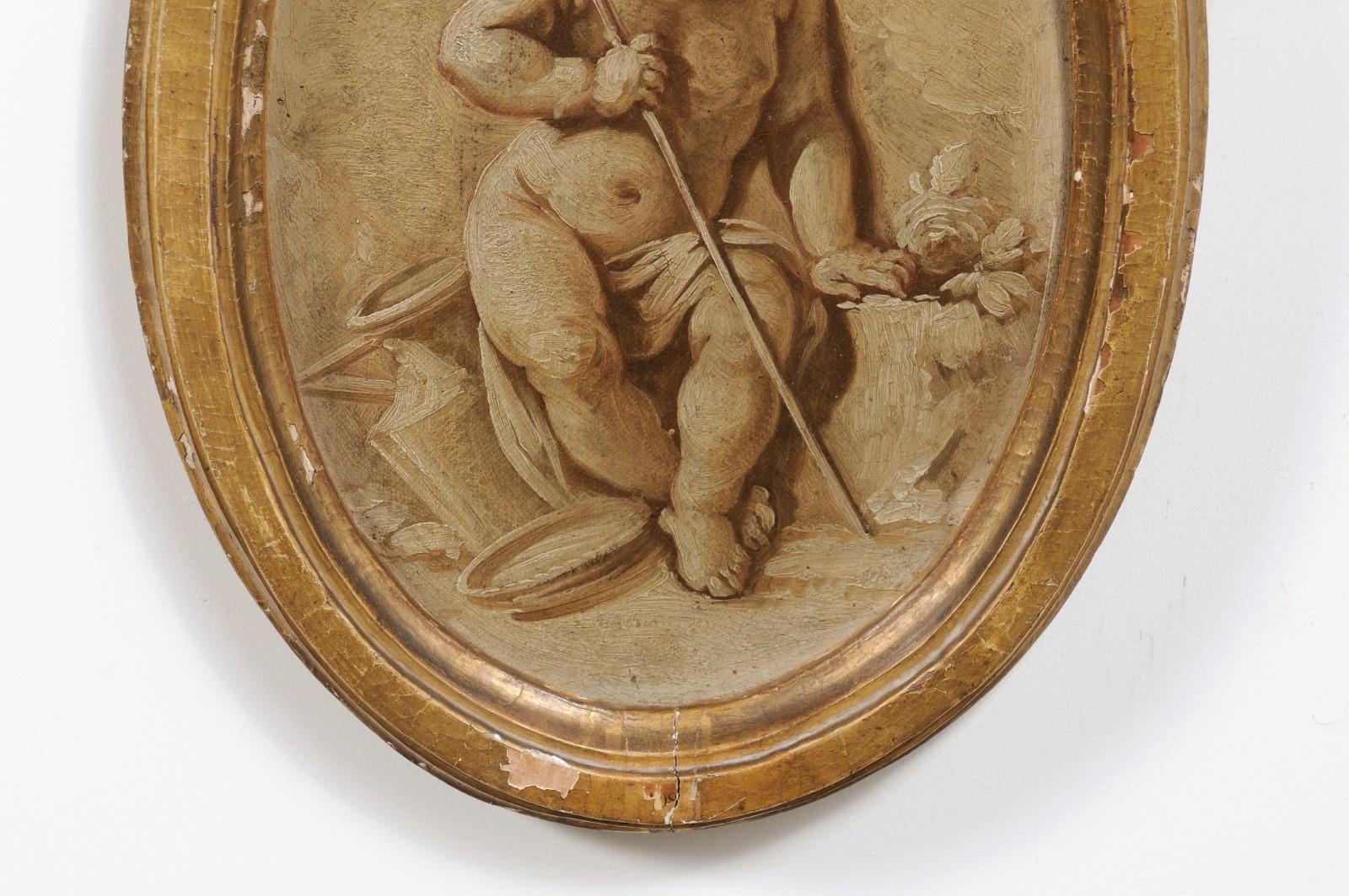 Pair of French 19th Century Framed Oval Grisaille Paintings Depicting Two Putti For Sale 5