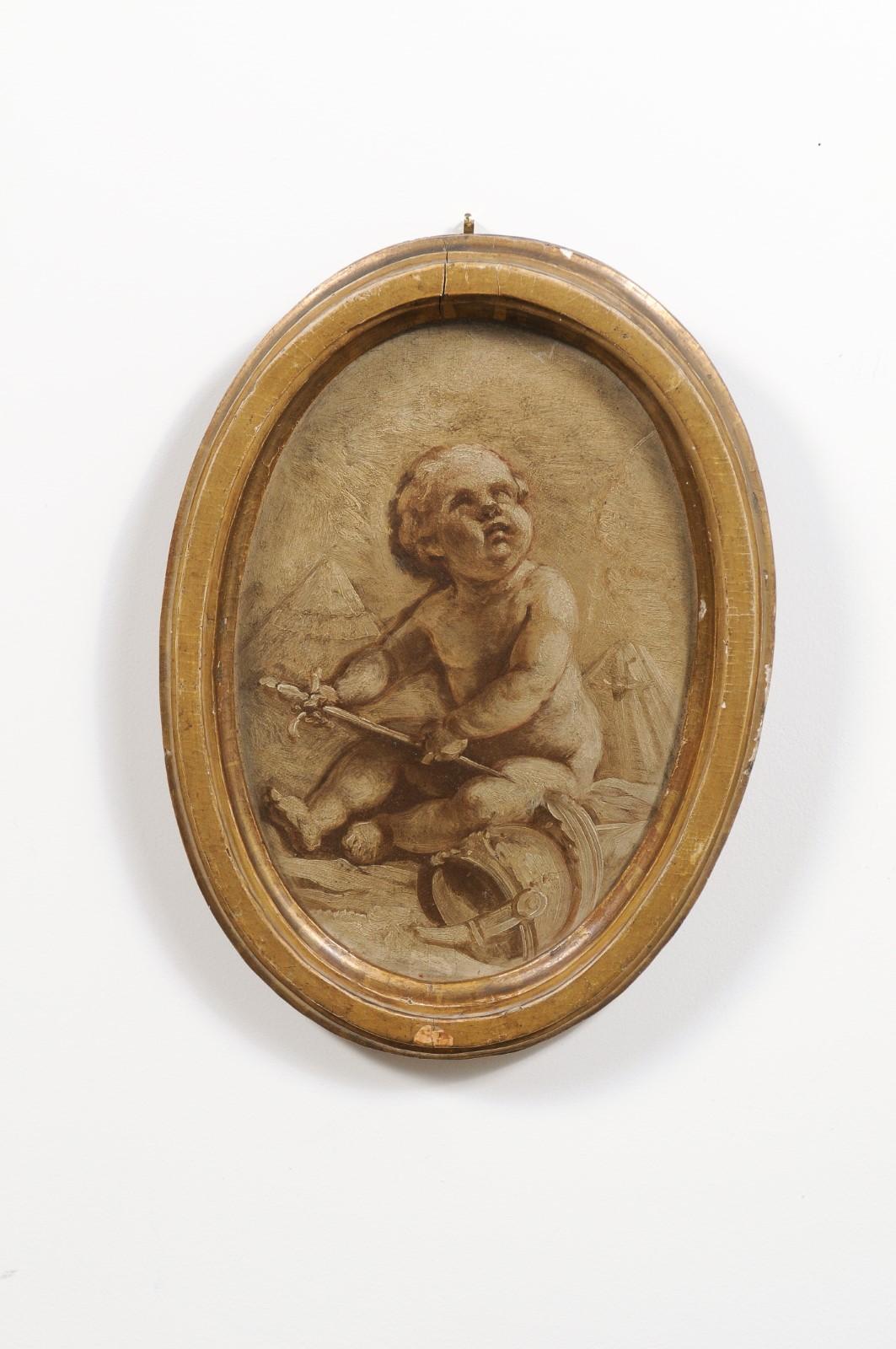Gilt Pair of French 19th Century Framed Oval Grisaille Paintings Depicting Two Putti For Sale