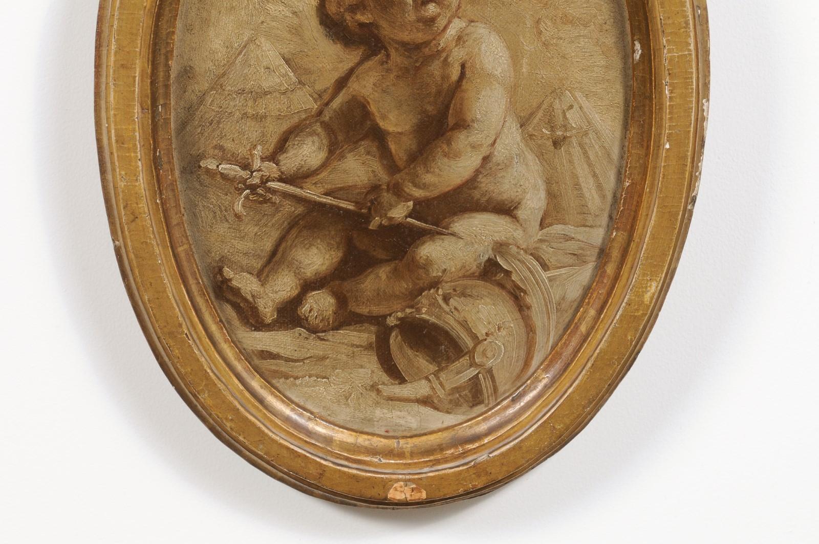 Pair of French 19th Century Framed Oval Grisaille Paintings Depicting Two Putti For Sale 3