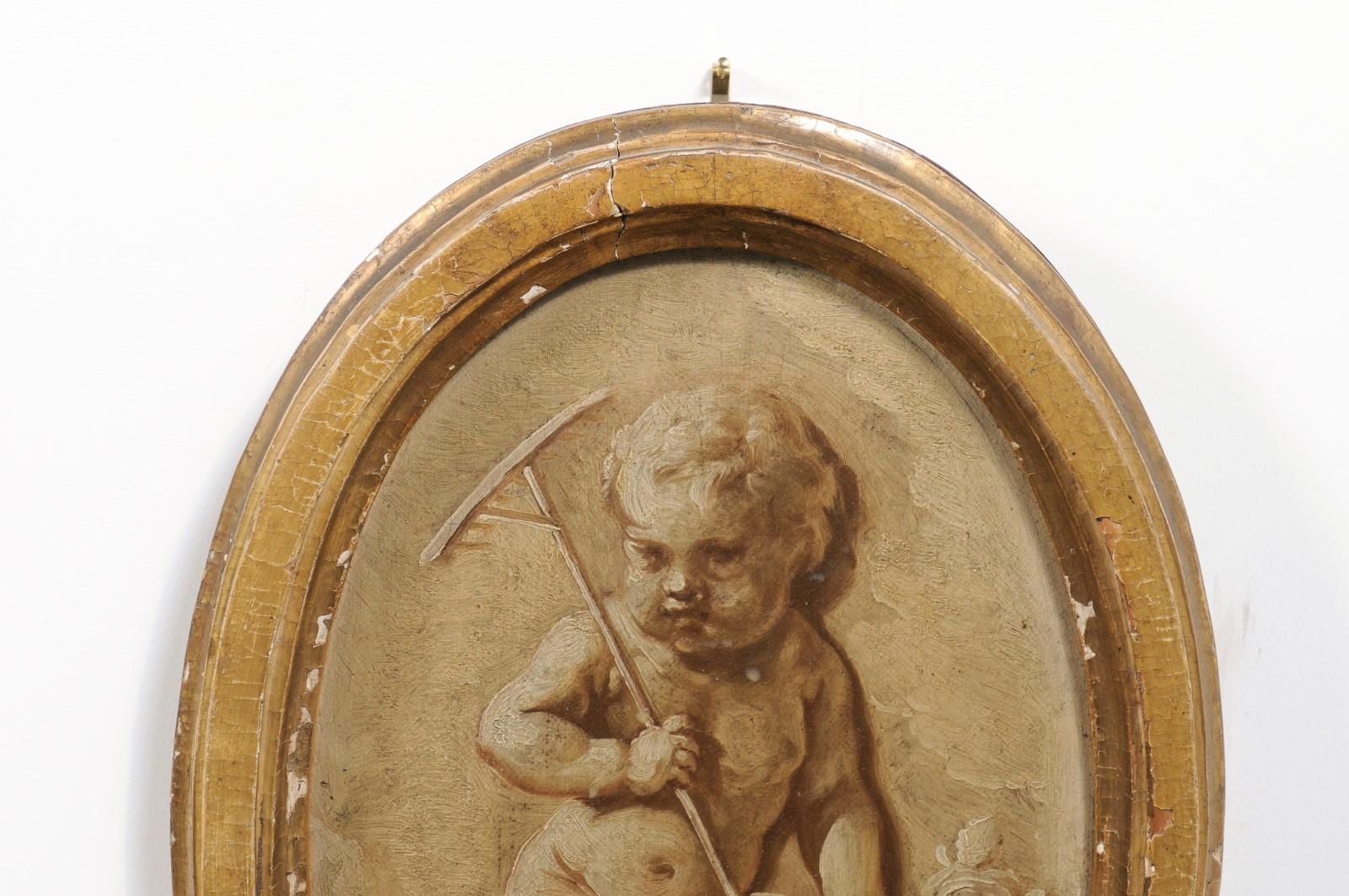 Pair of French 19th Century Framed Oval Grisaille Paintings Depicting Two Putti For Sale 4