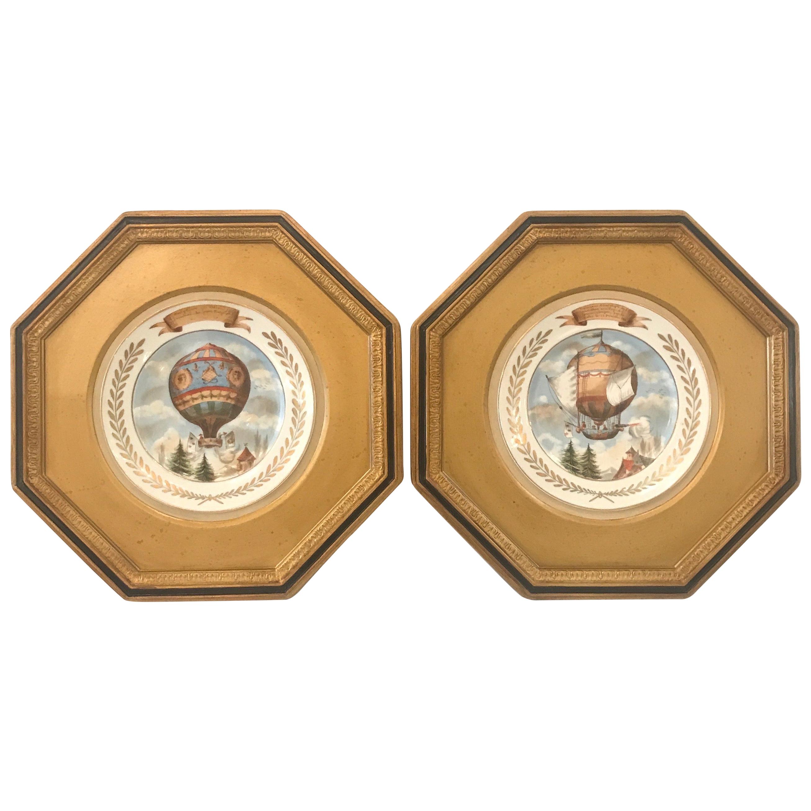 Pair of French 19th Century Framed Porcelain Plates of Hot Air Balloons