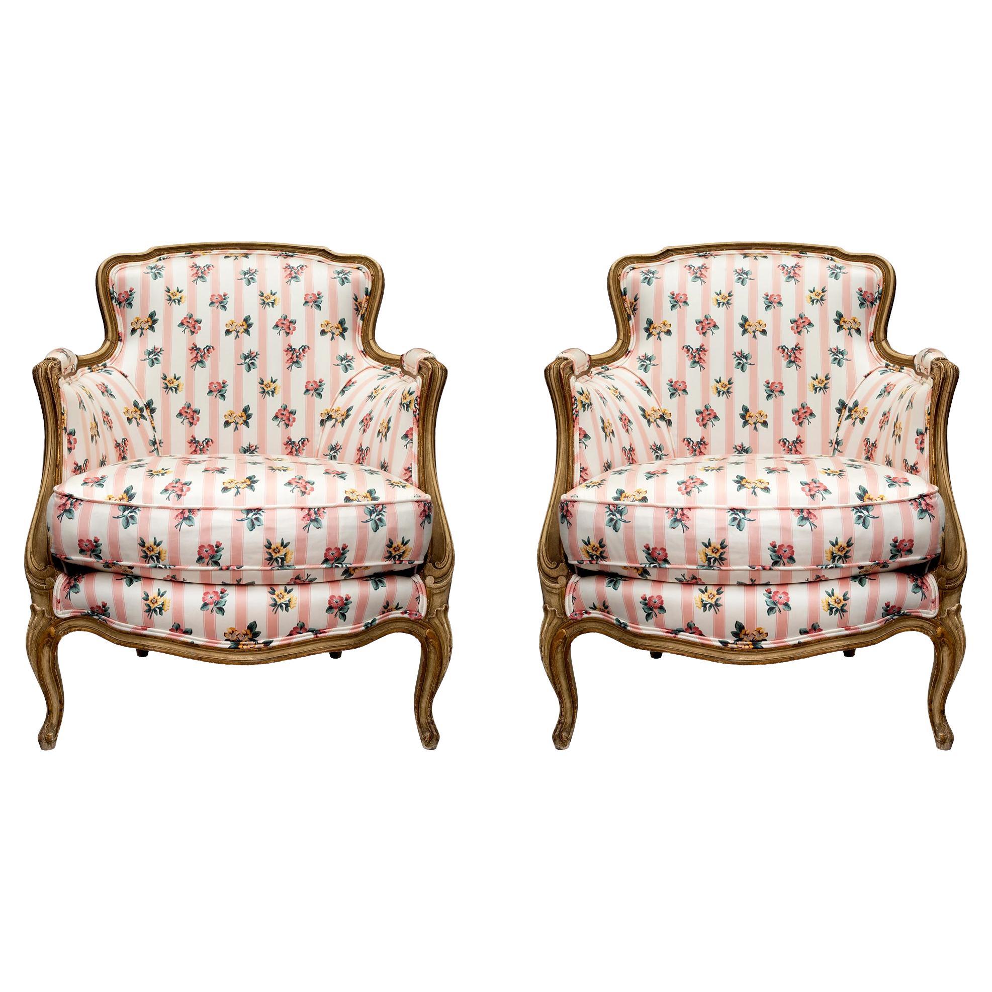 Pair of French 19th Century French Louis XV Style Patinated Bergères