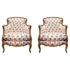 Pair of French 19th Century French Louis XV Style Patinated Bergères