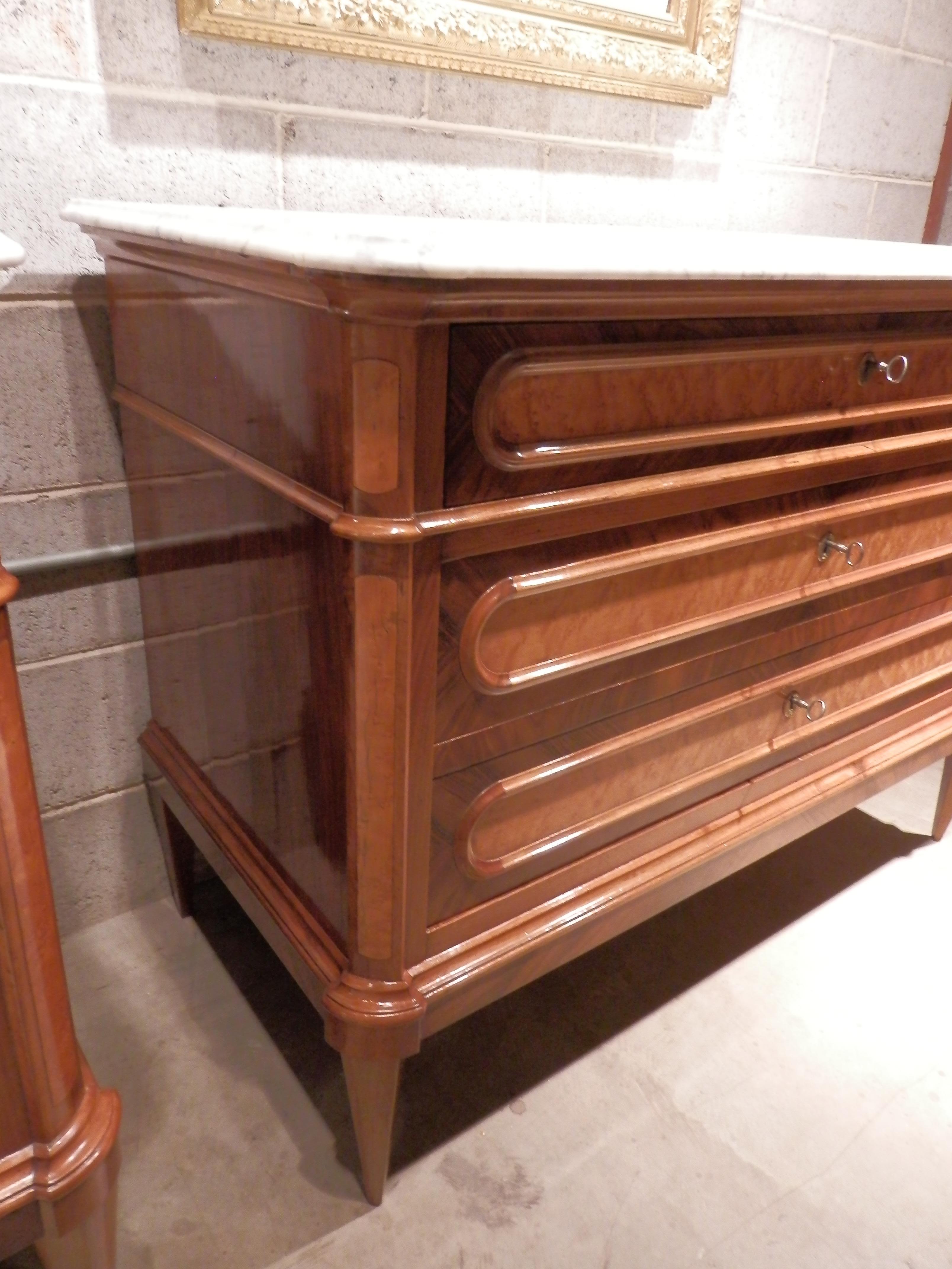 Inlay Pair of French 19th Century Fruitwood and Walnut and Carerra Marble Top Commodes