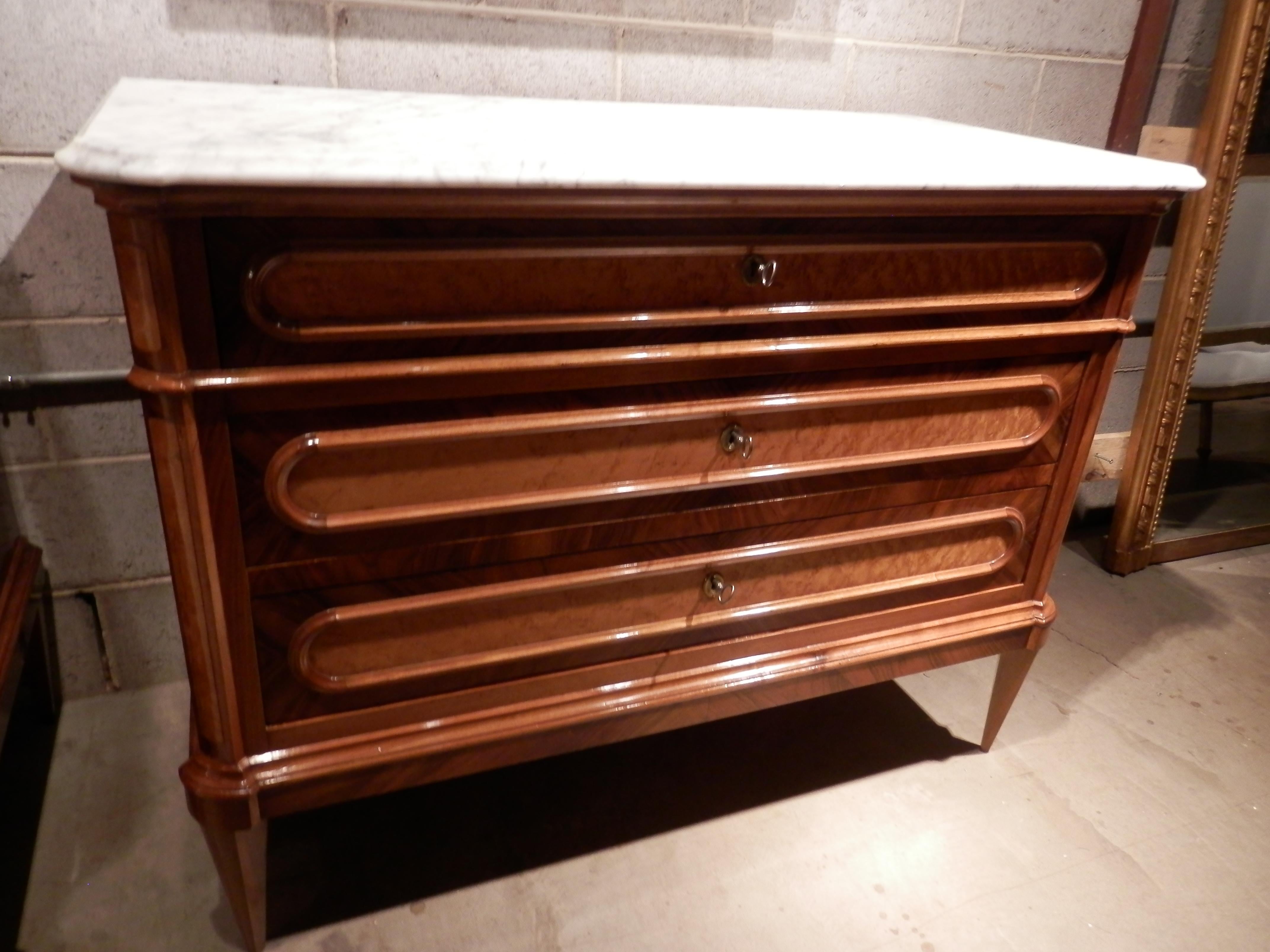 Pair of French 19th Century Fruitwood and Walnut and Carerra Marble Top Commodes In Good Condition In Dallas, TX