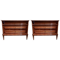 Pair of French 19th Century Fruitwood and Walnut and Carerra Marble Top Commodes
