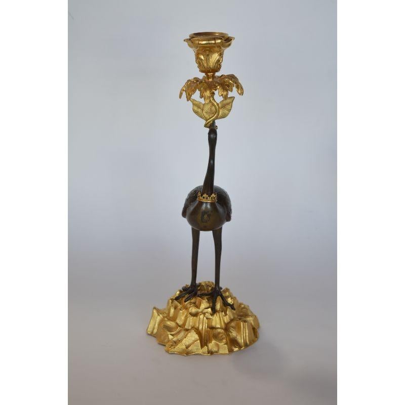 Pair of French 19th Century Gilt and Patinated Bronze Crane Candle Holders In Good Condition For Sale In Los Angeles, CA