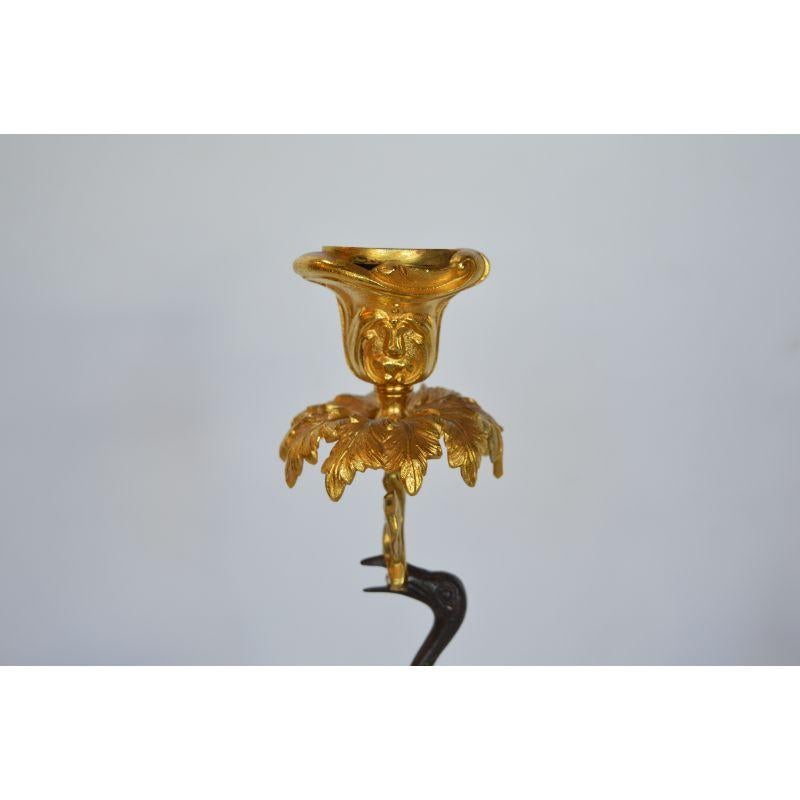 Pair of French 19th Century Gilt and Patinated Bronze Crane Candle Holders For Sale 3