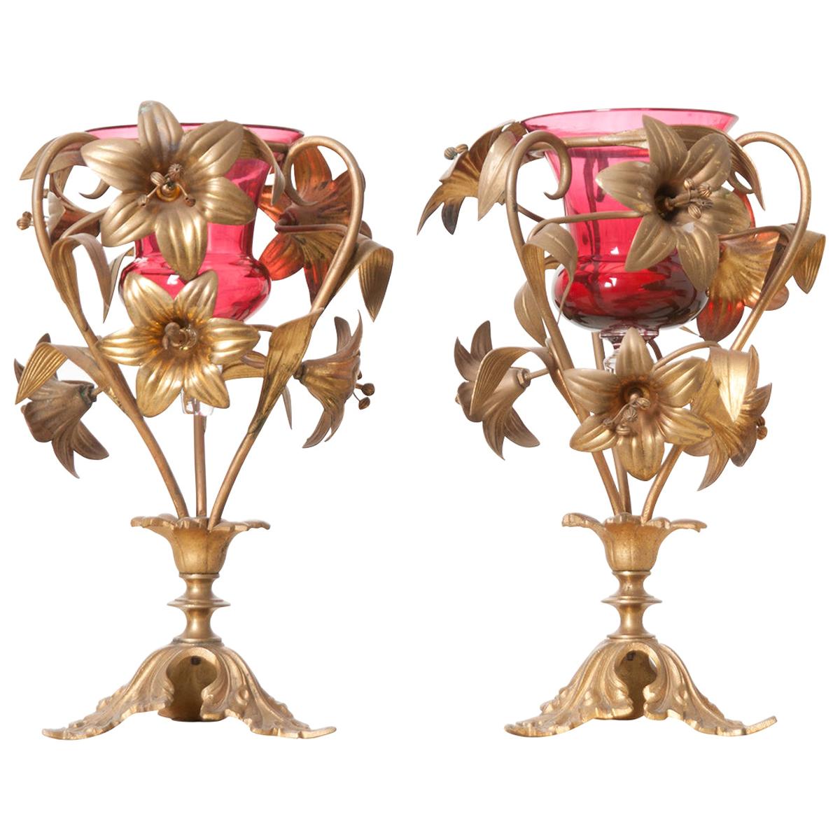 Pair of French 19th Century Gilt-Brass Lily Vases