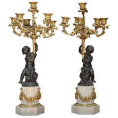 Pair of French 19th Century Gilt-Bronze and Marble Figural Candelabra