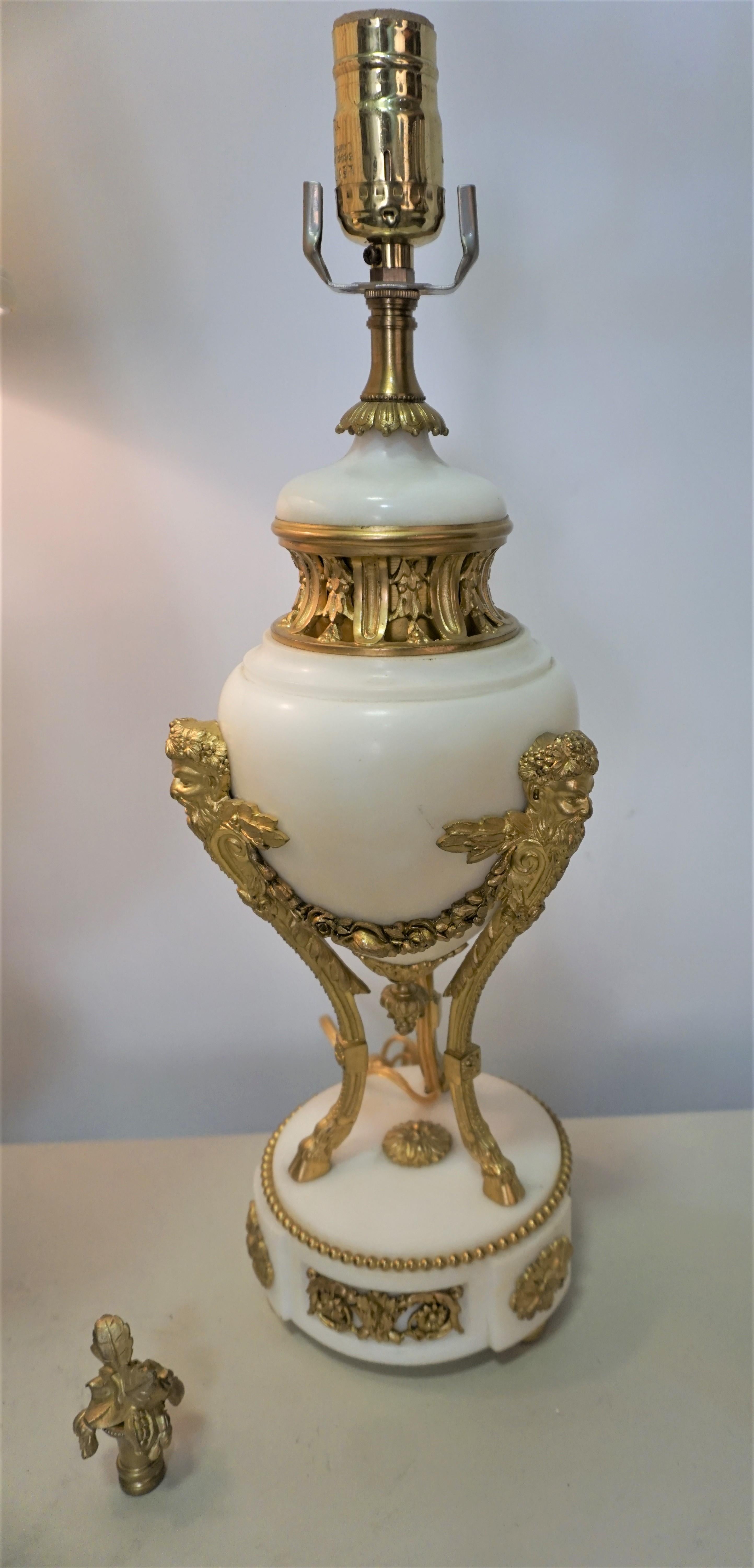 Empire Pair of French, 19th Century Gilt Bronze and Marble Urn Lamps